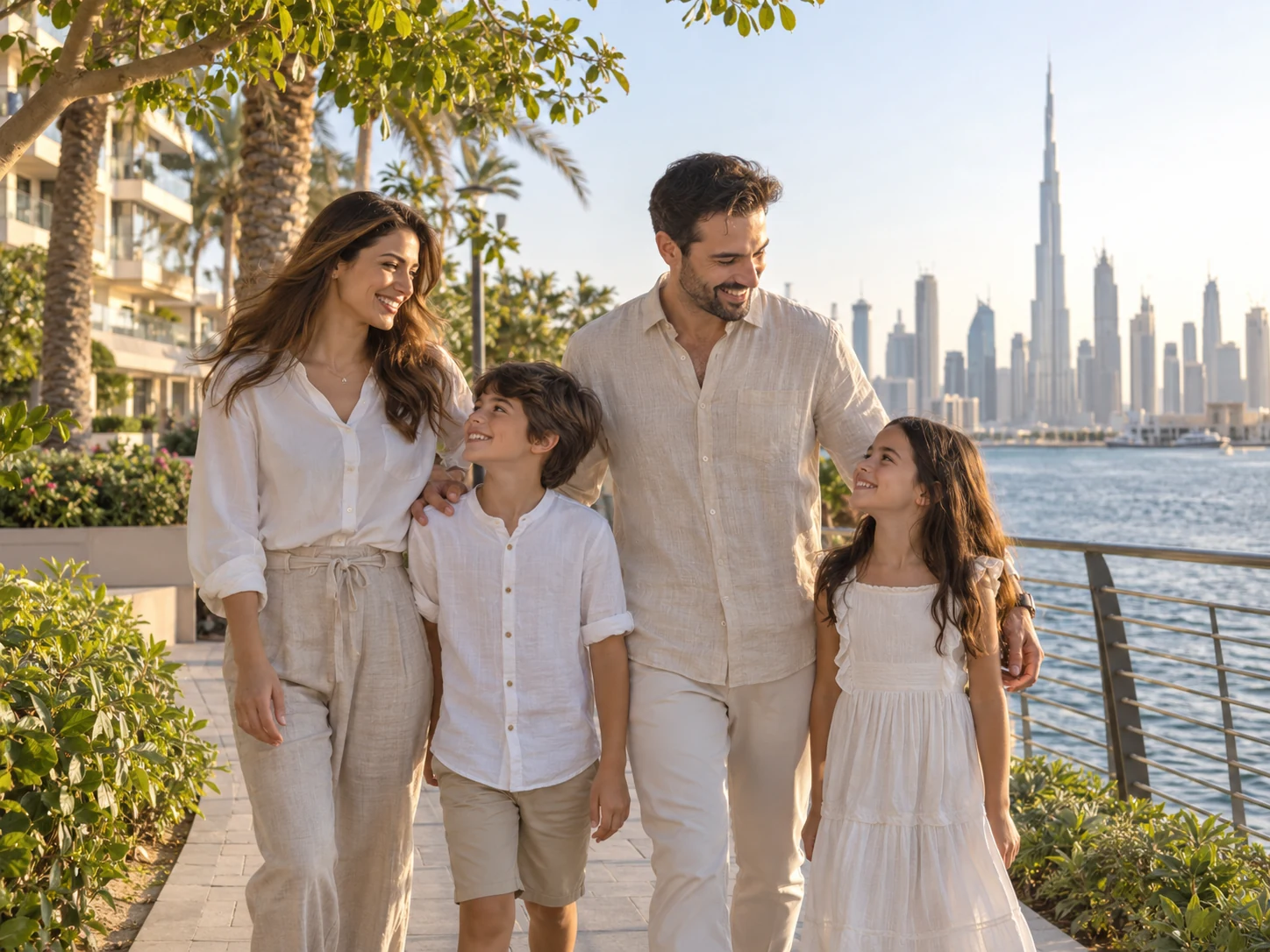 Dubai sahilinde birlikte keyifli vakit geçiren bir aile