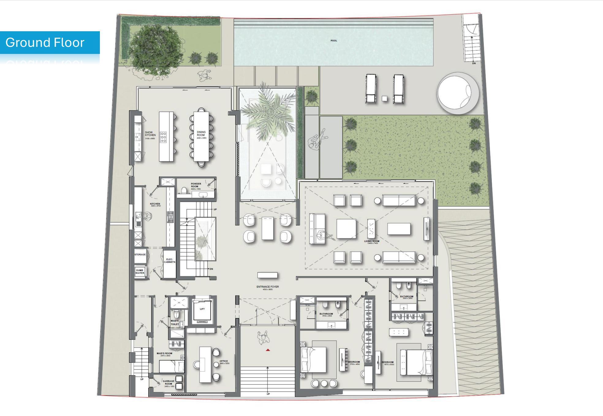 Ground floor — living, dining, garden and pool Ground floor — living, dining, garden and pool