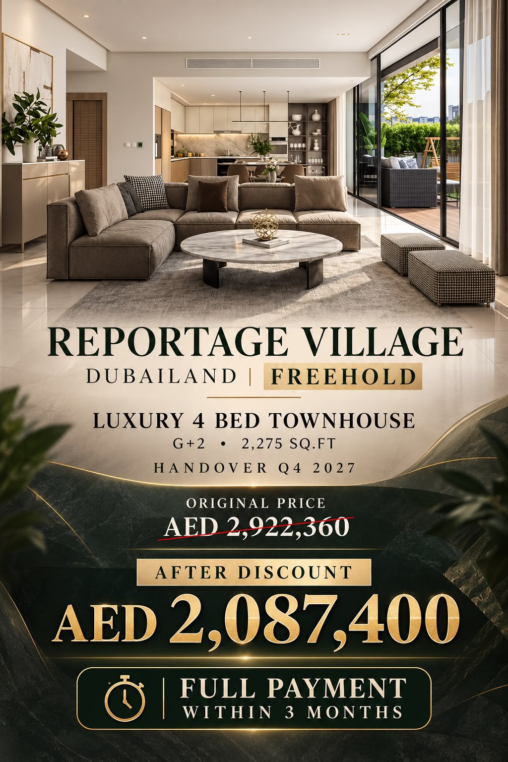 Reportage Village — original sales-team poster dated 16 October 2026; four-bedroom offer with full payment within three months. Reportage Village — original sales-team poster dated 16 October 2026; four-bedroom offer with full payment within three months.