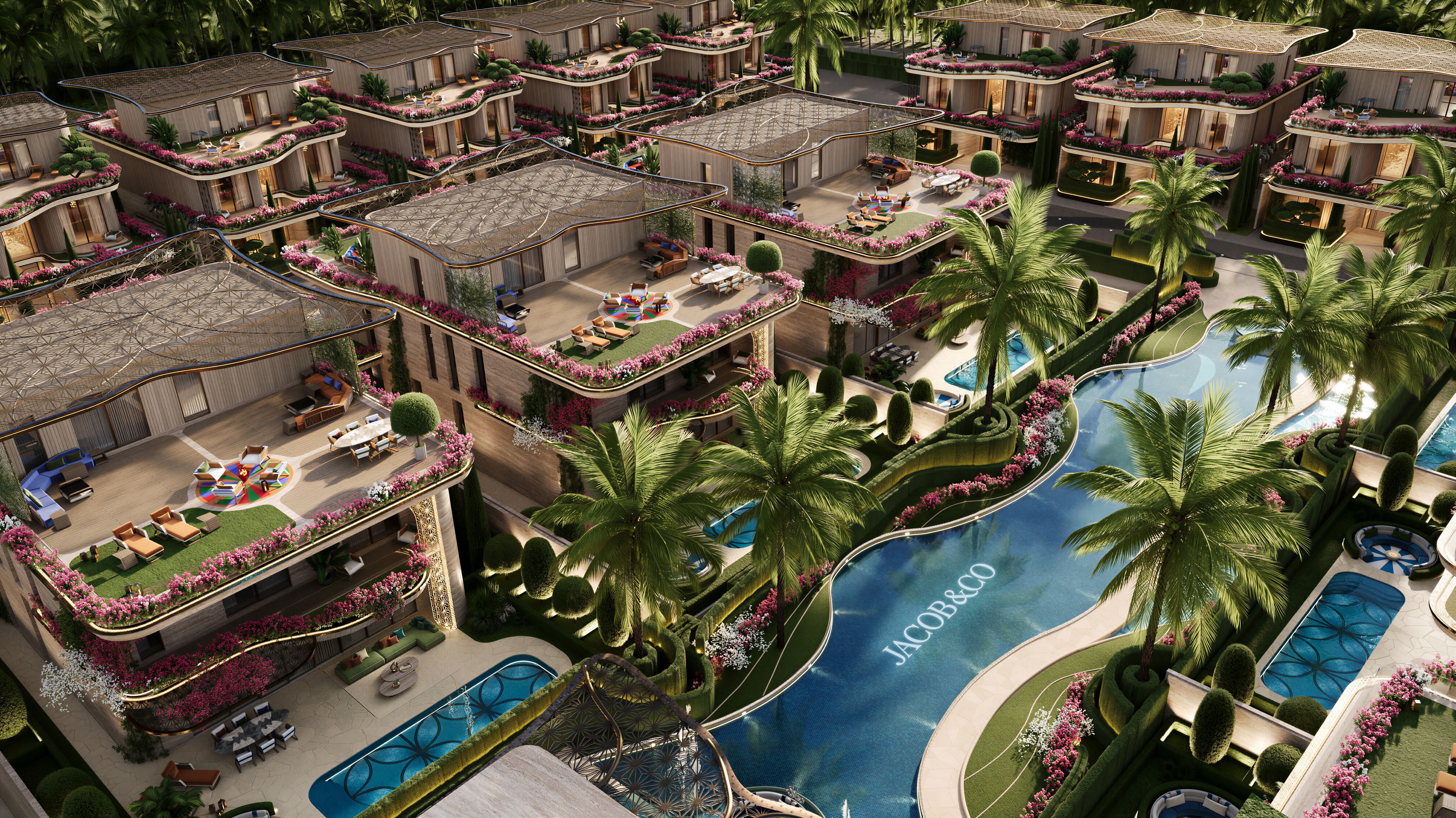 Architectural aerial view of Fleurs de Jardin and its community lagoon
