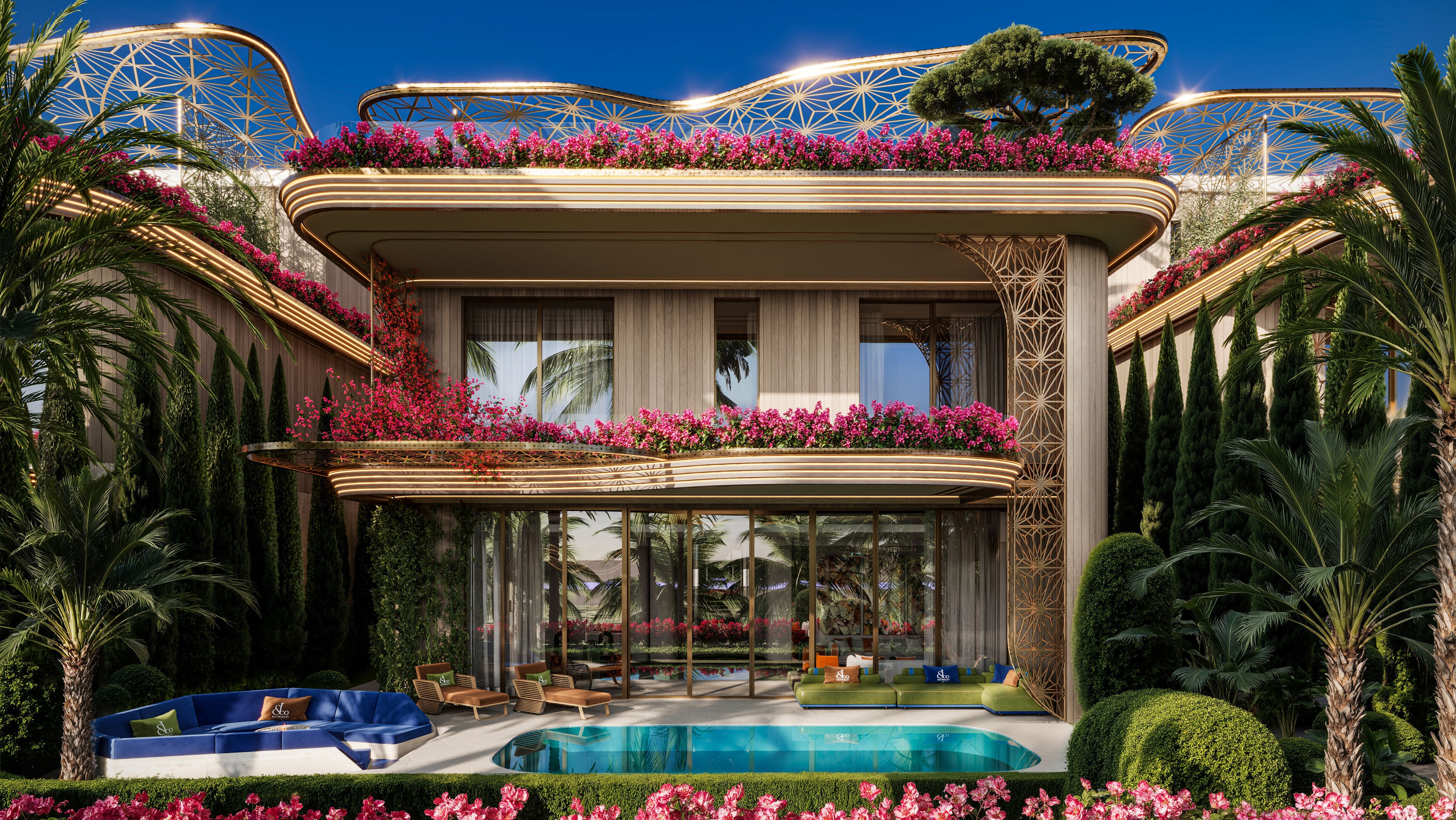 Architectural view of the villa’s garden elevation and private pool