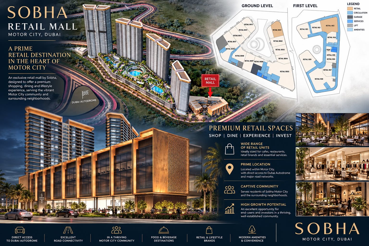 Sobha retail mall in Motor City — architectural views and ground and first-level layouts