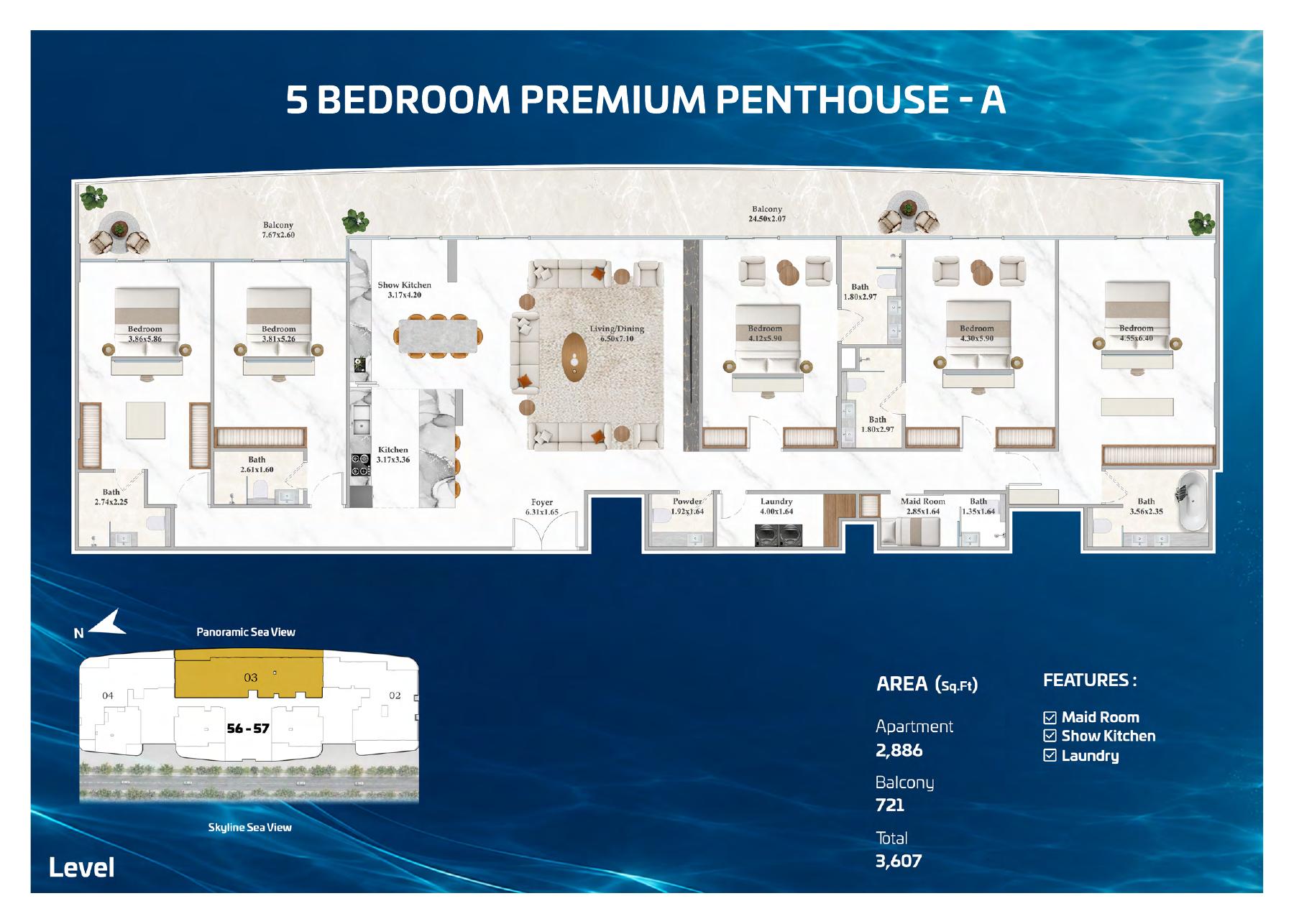 Five-bedroom penthouse Type A plan — total 3,607 sq ft