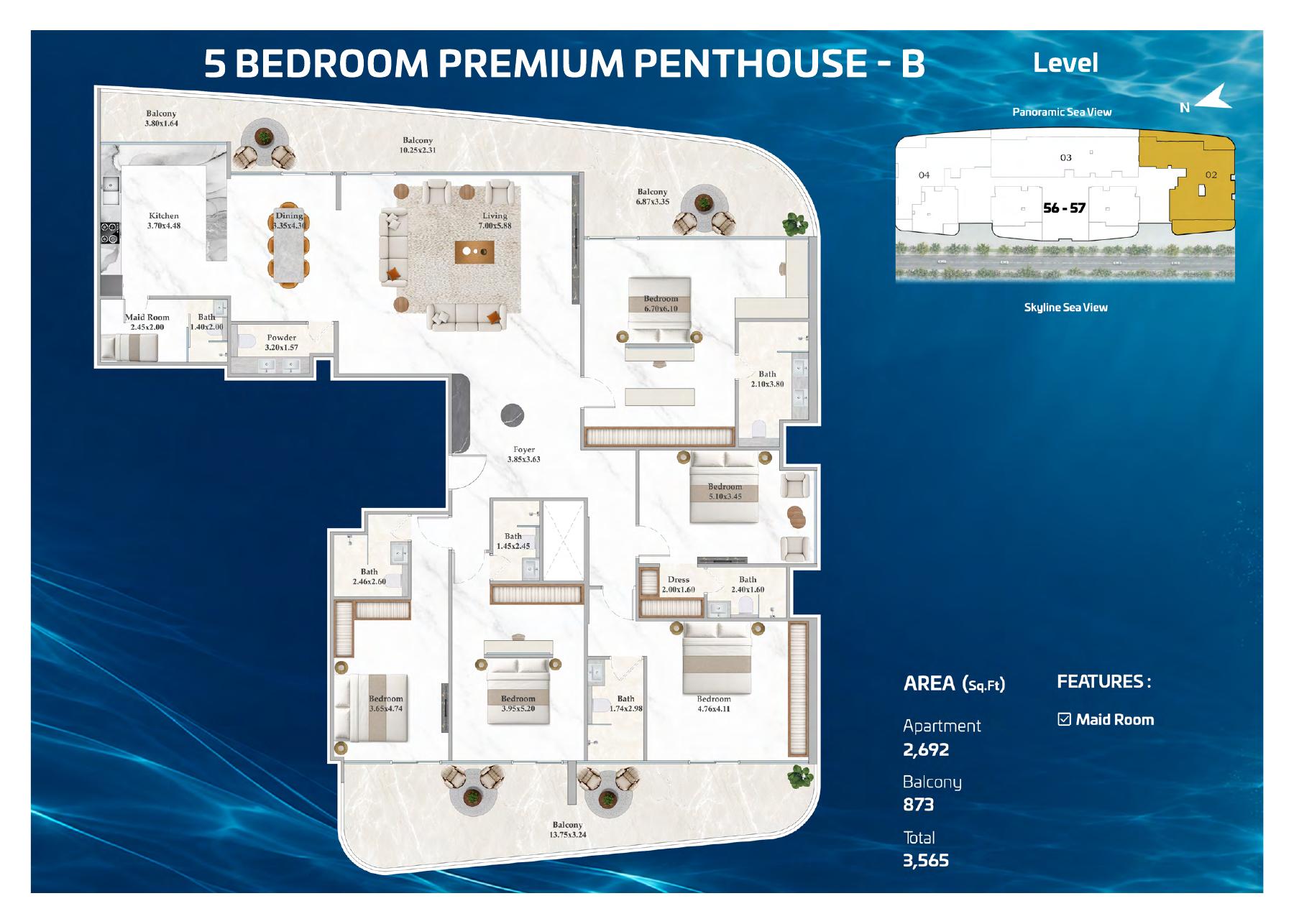 Five-bedroom penthouse Type B plan — total 3,565 sq ft