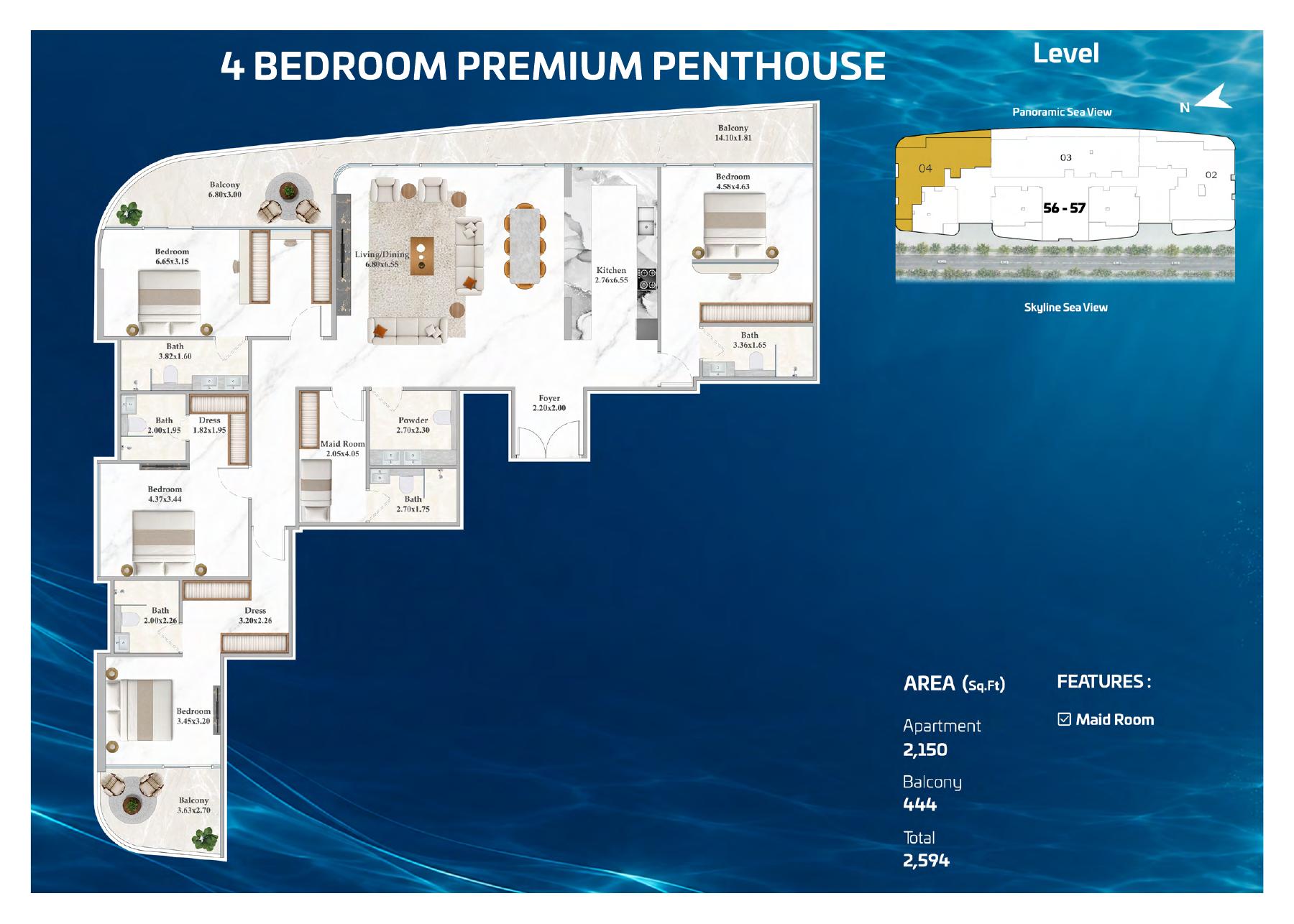 Four-bedroom penthouse plan — total 2,594 sq ft