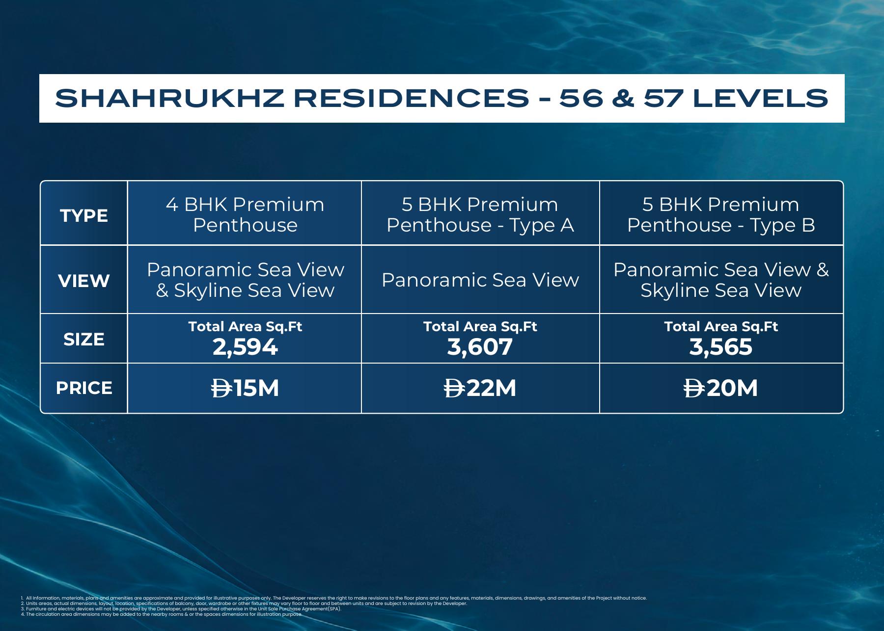 Developer’s penthouse price and area schedule