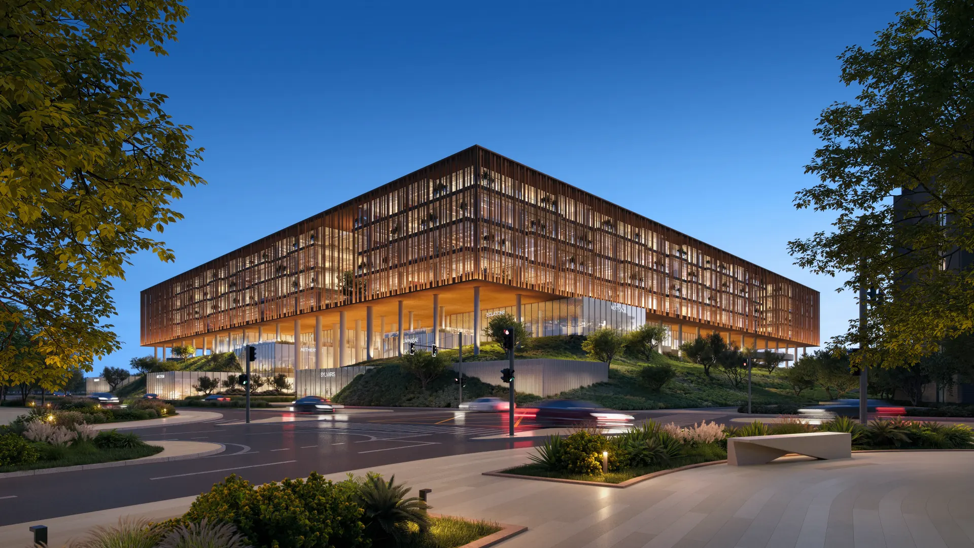 The Yards Plaza — exterior architectural illustration at dusk The Yards Plaza — exterior architectural illustration at dusk