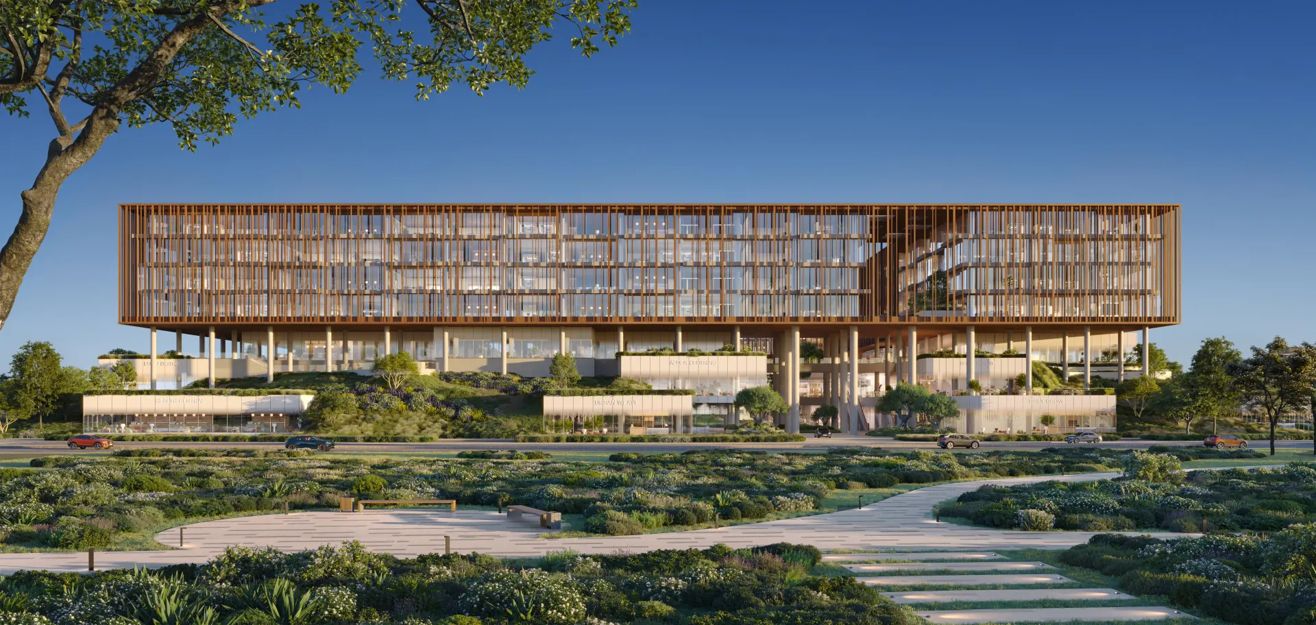 The Yards Plaza — office façade and landscaped approach
