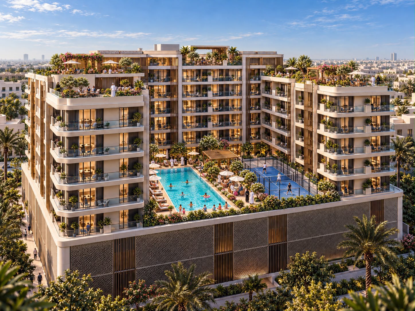 Hadley Hills architectural rendering with stepped terraces, landscaping, a pool and a sports court Hadley Hills architectural rendering with stepped terraces, landscaping, a pool and a sports court