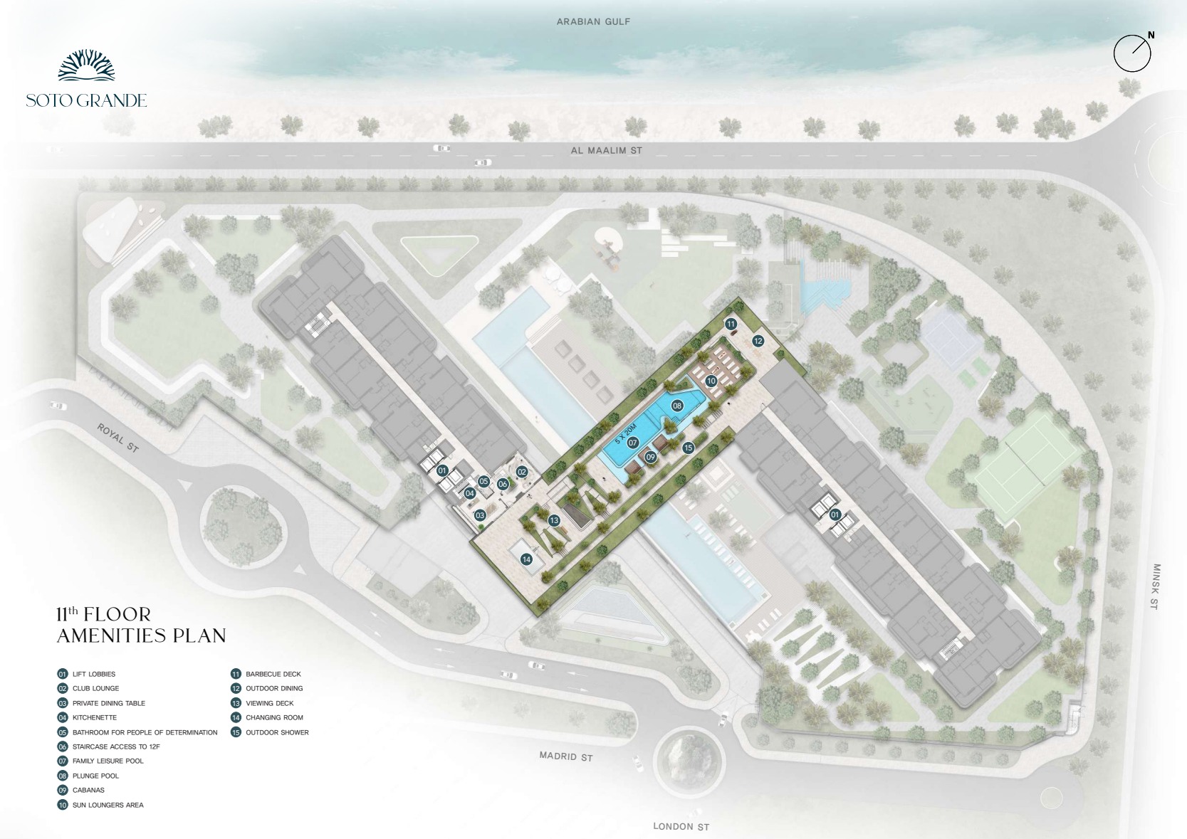 Soto Grande, eleventh-floor amenities plan. Original design drawing from Ellington; not a photograph of completed facilities. Soto Grande, eleventh-floor amenities plan. Original design drawing from Ellington; not a photograph of completed facilities.
