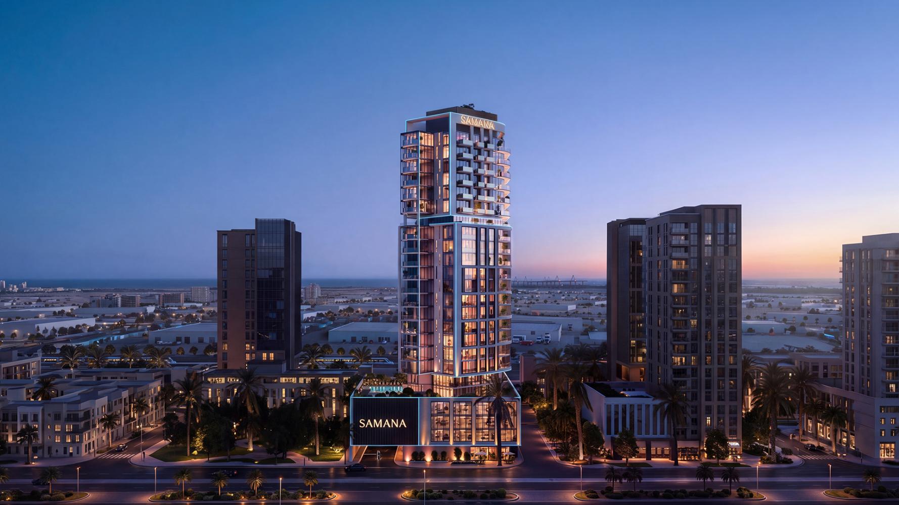 SAMANA Downtown One architectural rendering showing its tower above the podium SAMANA Downtown One architectural rendering showing its tower above the podium