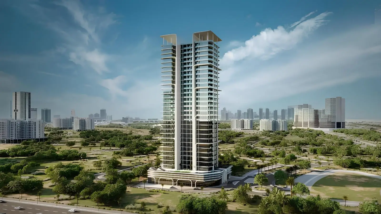 الشكل الخارجي للبرج السكني الموضح في كتالوج الإطلاق الجديد لشركة AQUA DEVELOPMENTS "The Central Uptown"، أرجان، دبي