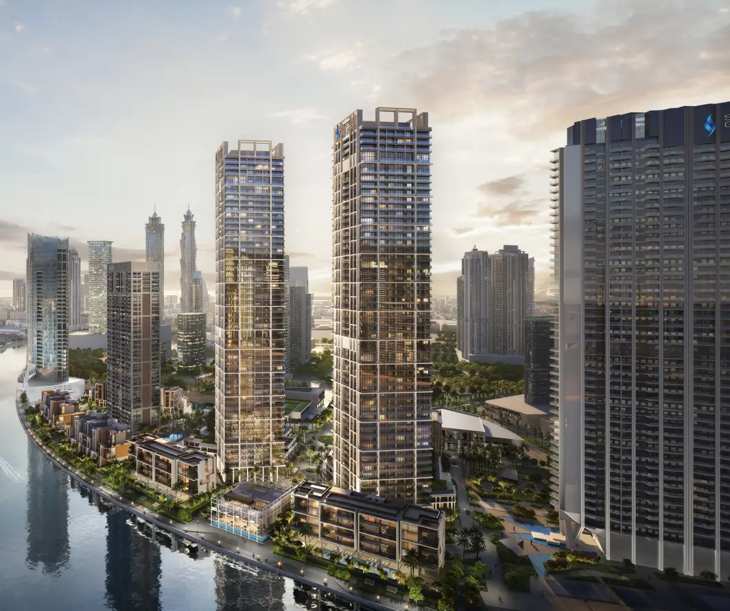 Illustrative canalfront residential towers shown in the SELECT GROUP "Peninsula Four, The Plaza" catalogue, Business Bay, Dubai
