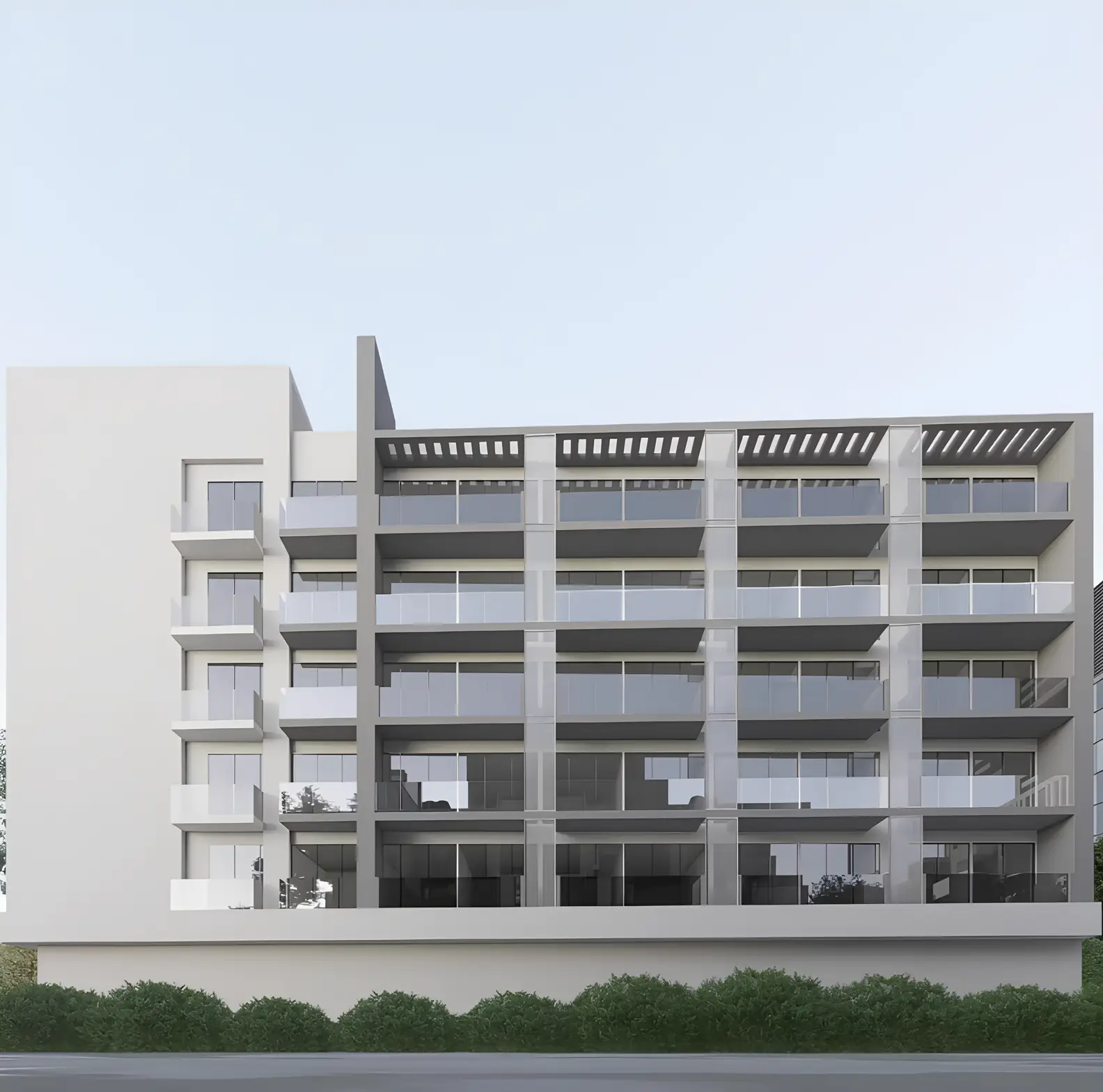 واجهة سكنية كما تظهر في كتالوج مشروع «Casa Vista Residence» من GOLDEN WOODS، قرية جميرا الدائرية، دبي