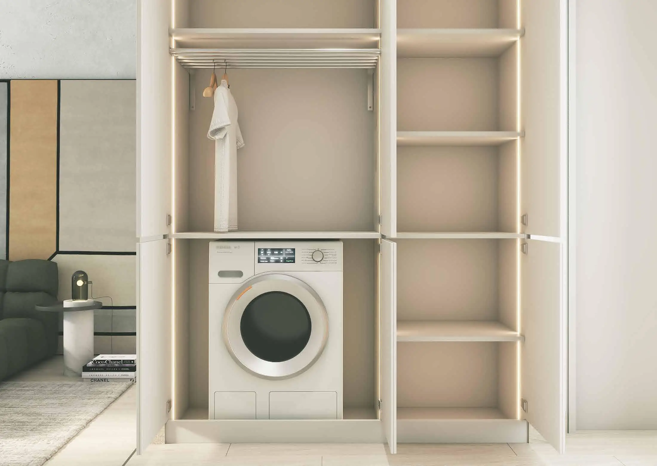خزانة مخصّصة للغسيل تضم غسالة كما تظهر في كتالوج «Concept 7 Residences» لدى CONDOR، دبي