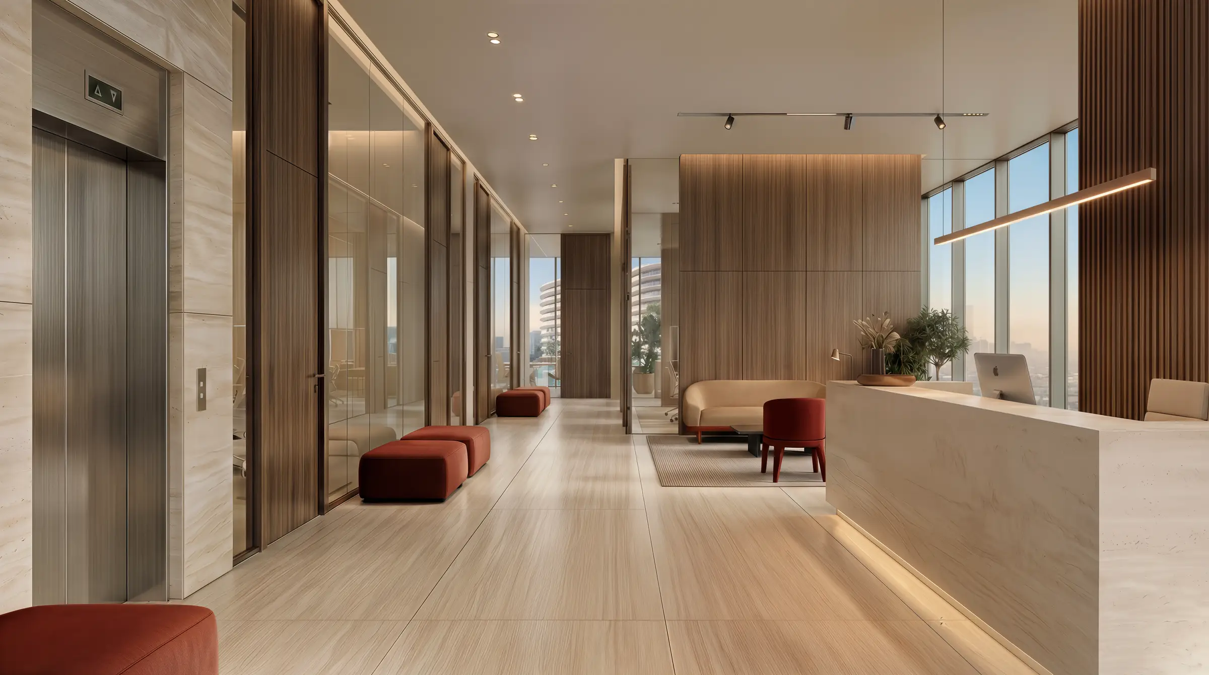 Reception hall with lift doors and seating in the Trussardi Residences project render