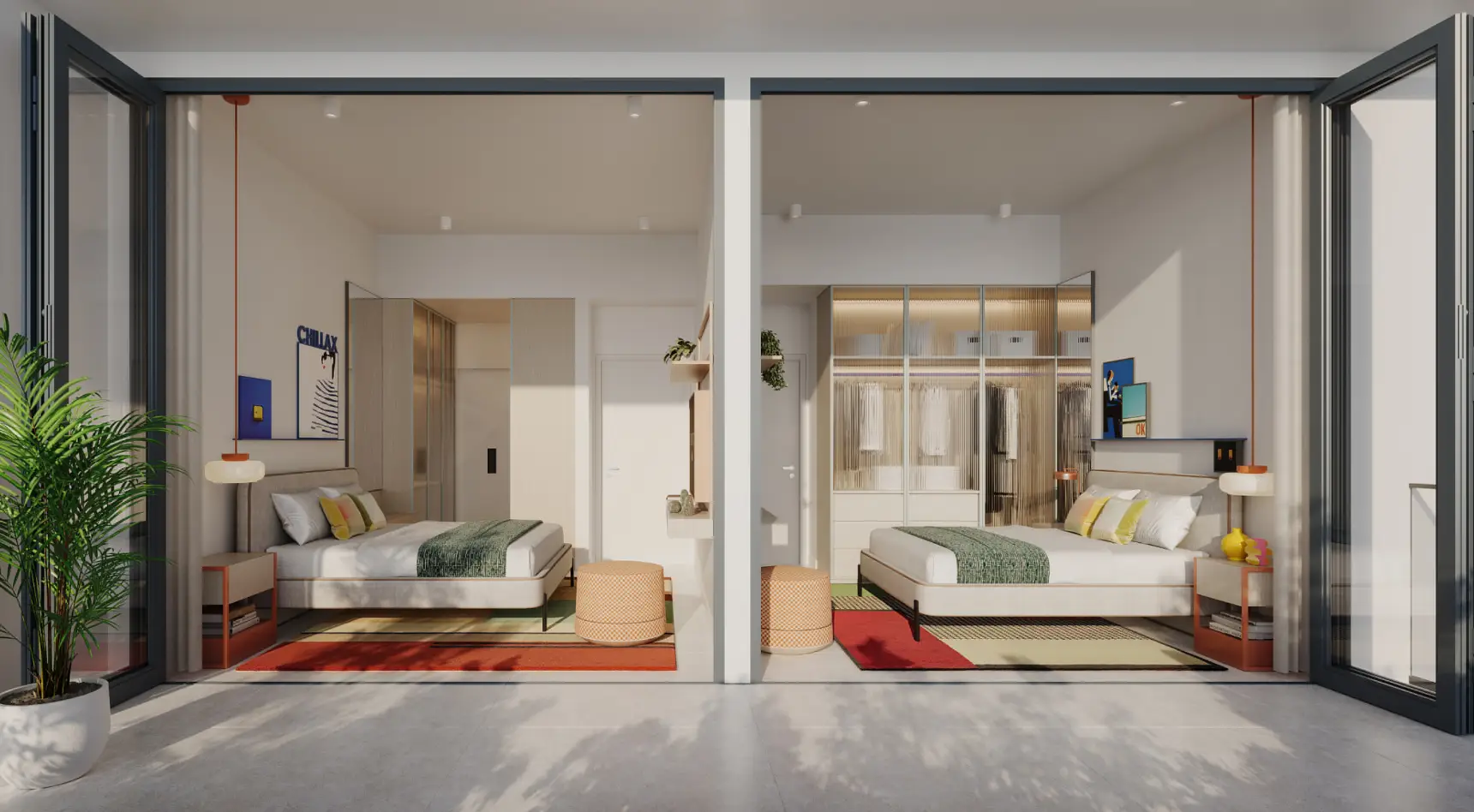 Adjoining bedrooms with folding doors shown in the IRTH GROUP "Rove Home Dubai Marina" catalogue, Dubai