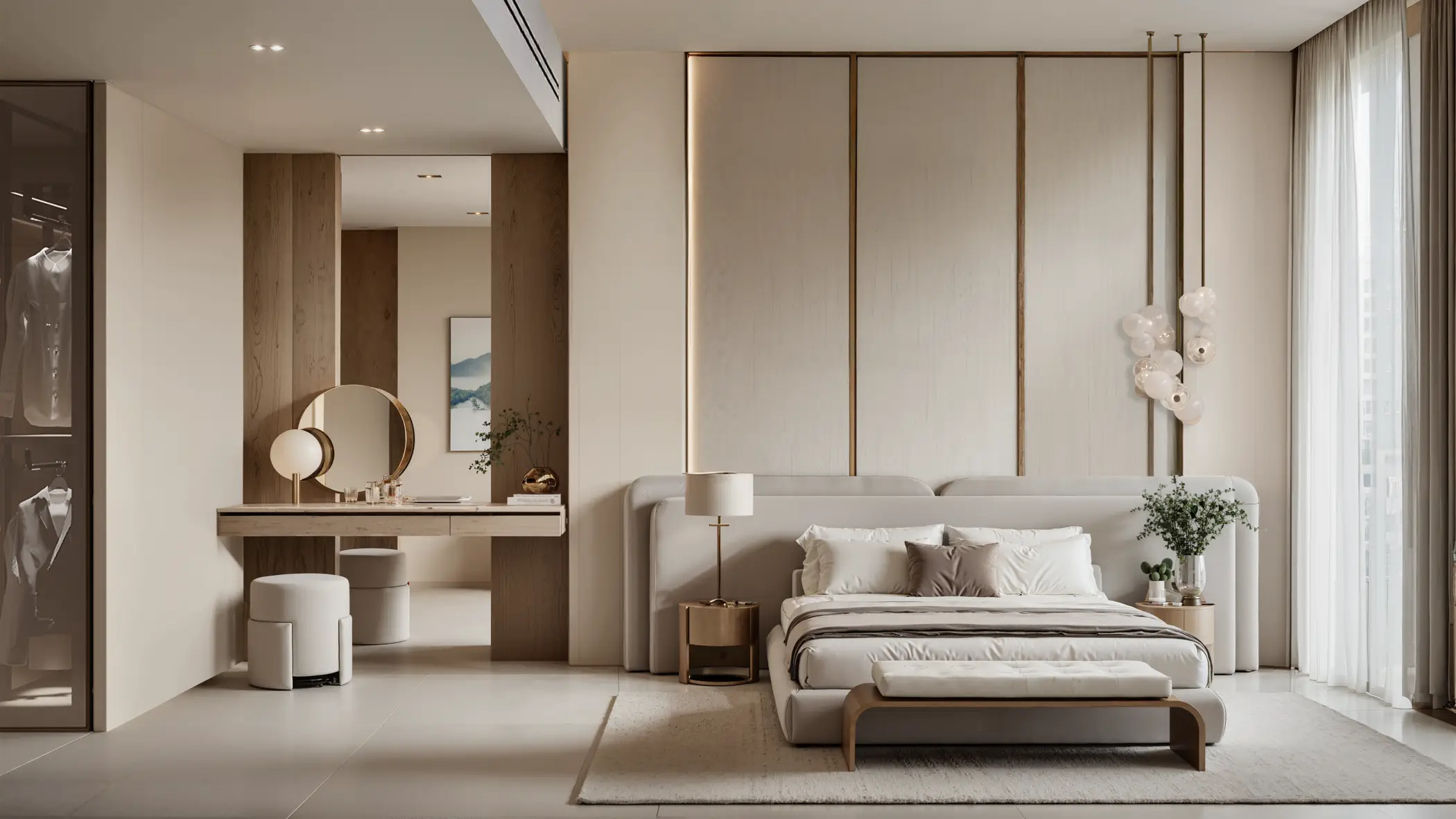 Bedroom with a dressing area and glass-fronted wardrobe in the DWTN Residences project render