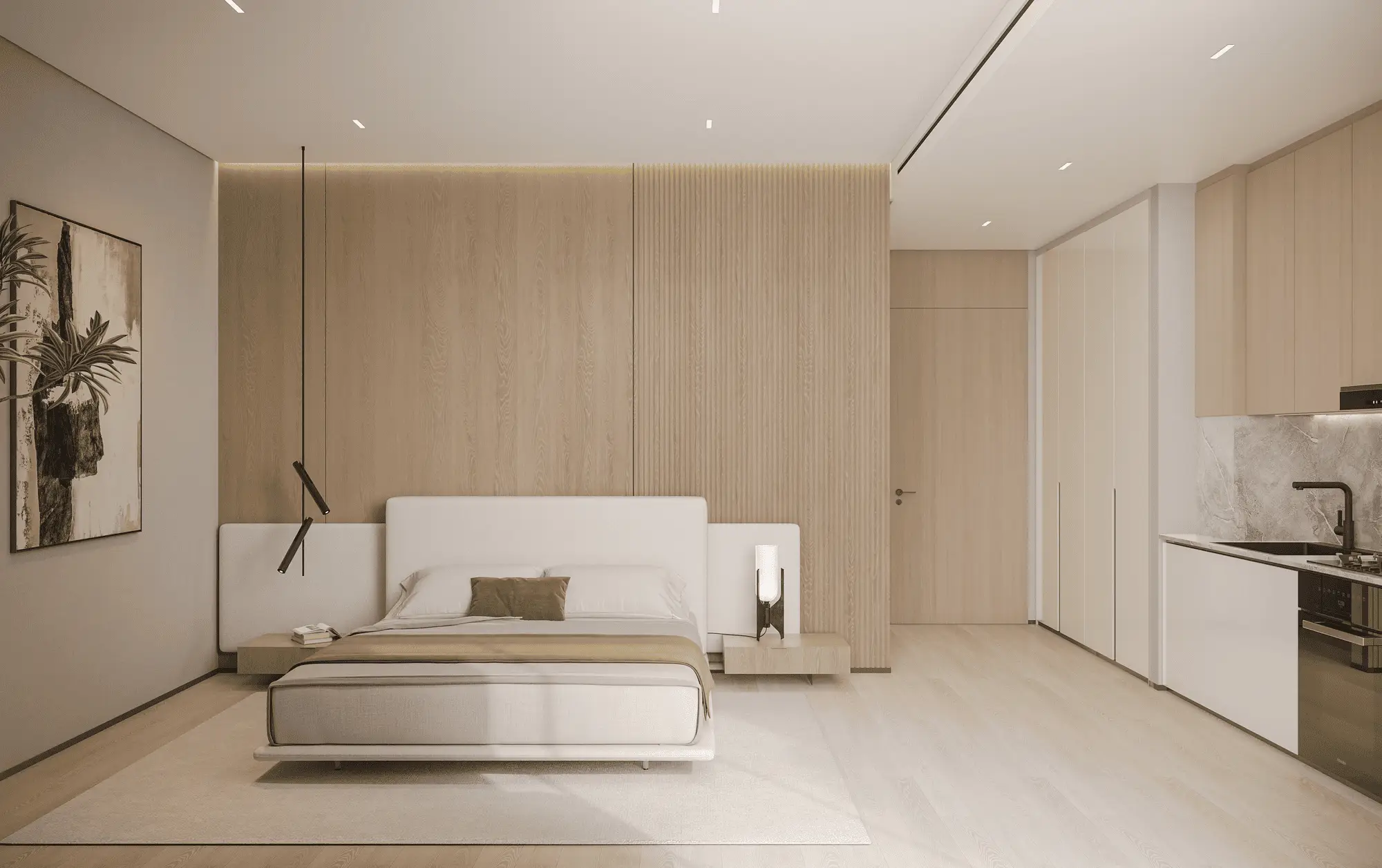 Compact bedroom and adjoining kitchen cabinetry in the Livia Residences project render
