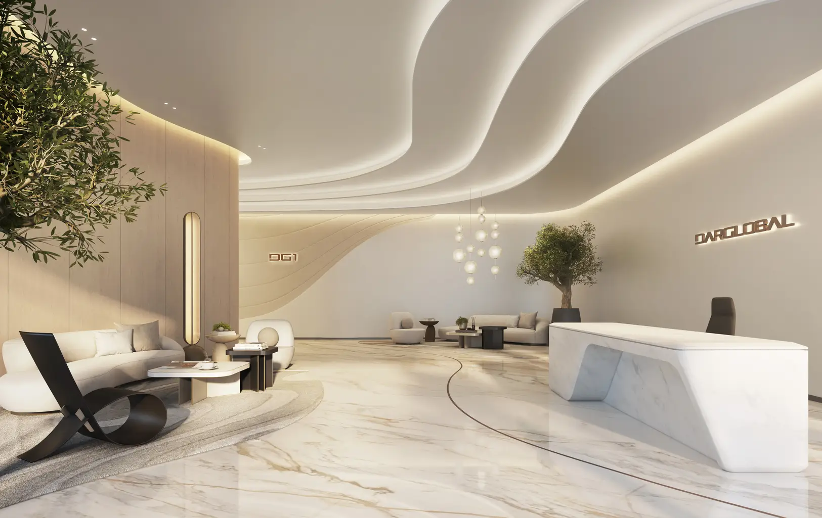 Reception lobby with a curved ceiling shown in the DARGLOBAL "DG1" catalogue, Dubai