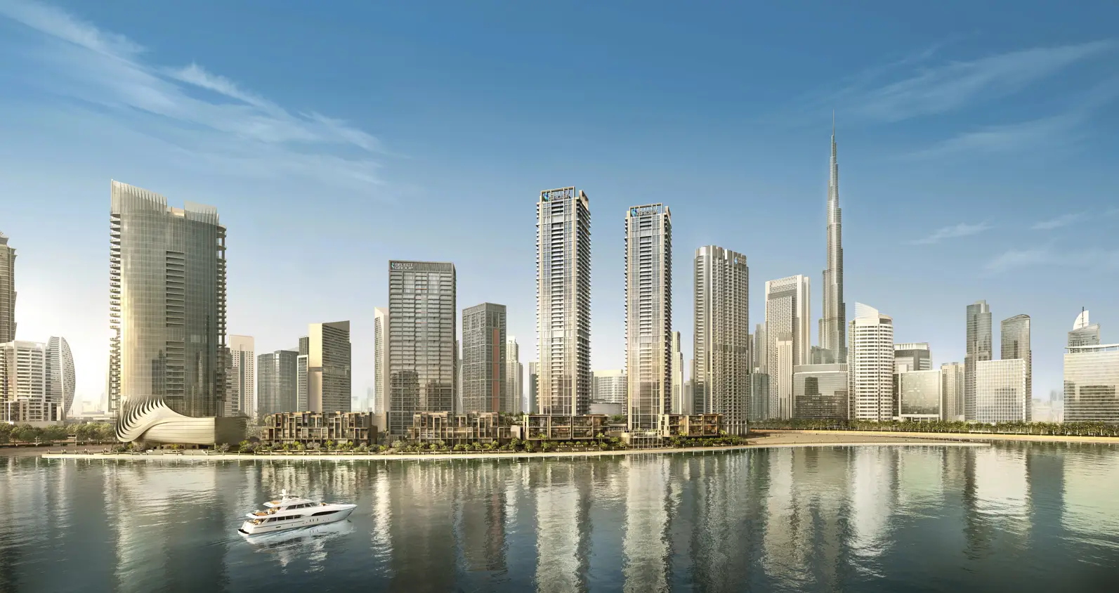 أبراج سكنية على الواجهة المائية وأفق المدينة، كما تظهر في كتيب مشروع Peninsula Four, The Plaza من SELECT GROUP في دبي