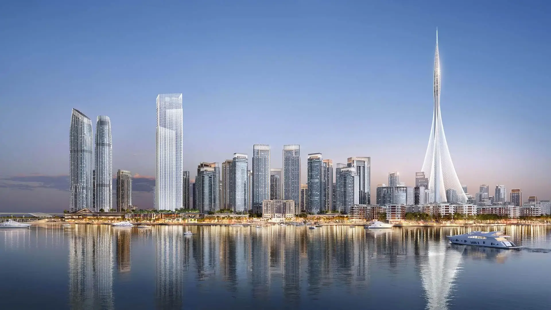 المخطط الرئيسي التوضيحي لواجهة الخور الموضح في كتالوج CASA BELLA "Island Park 2"، ميناء خور دبي، دبي