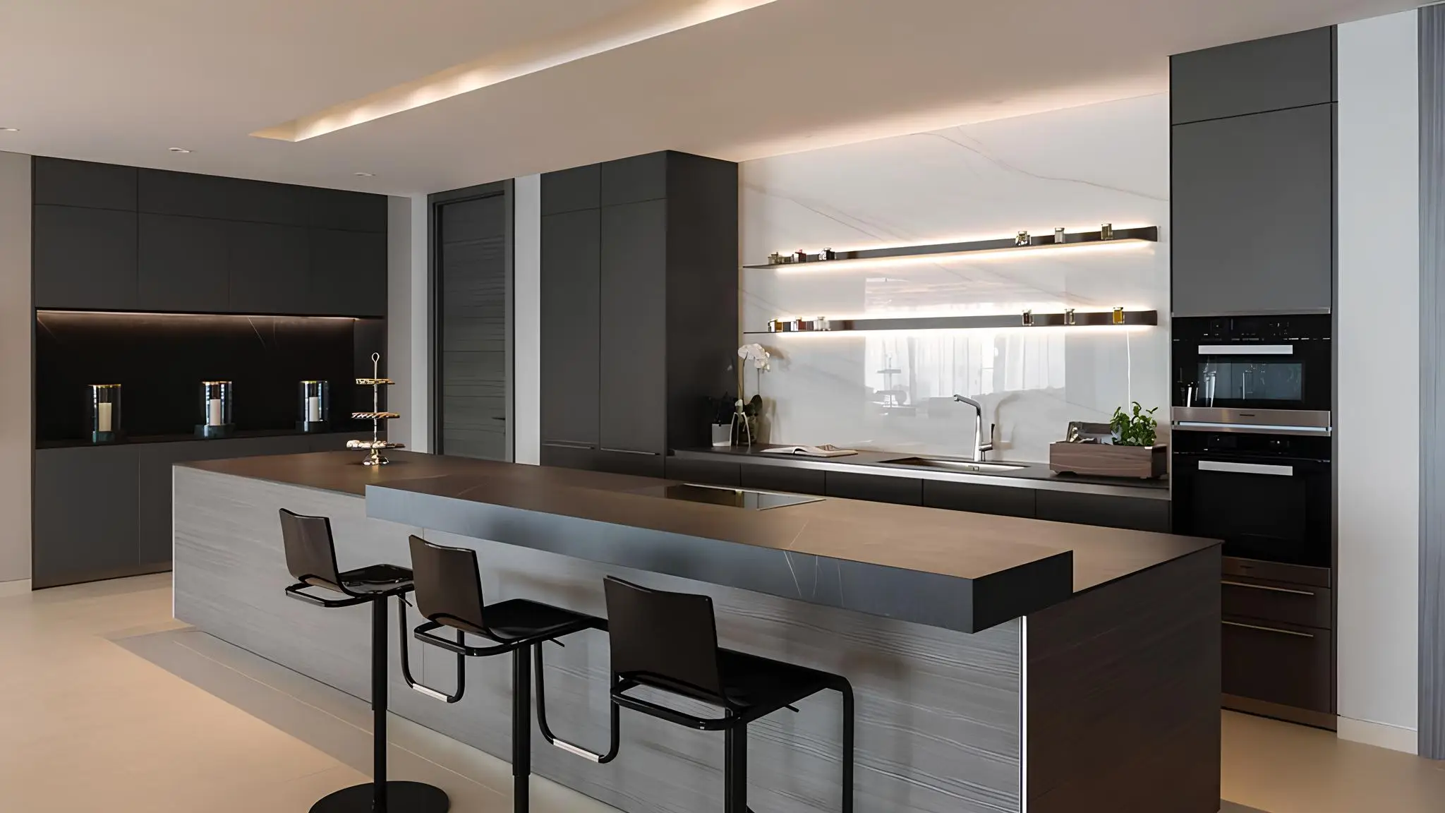 Kitchen with island seating shown in the AL SHARQ INVESTMENT "W Residences Dubai" catalogue, Dubai