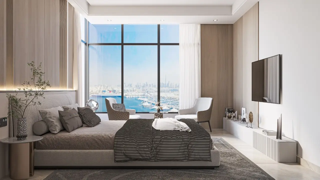 Bedroom shown in the VAKSON "Riva Residence" project catalogue, Dubai Maritime City, Dubai