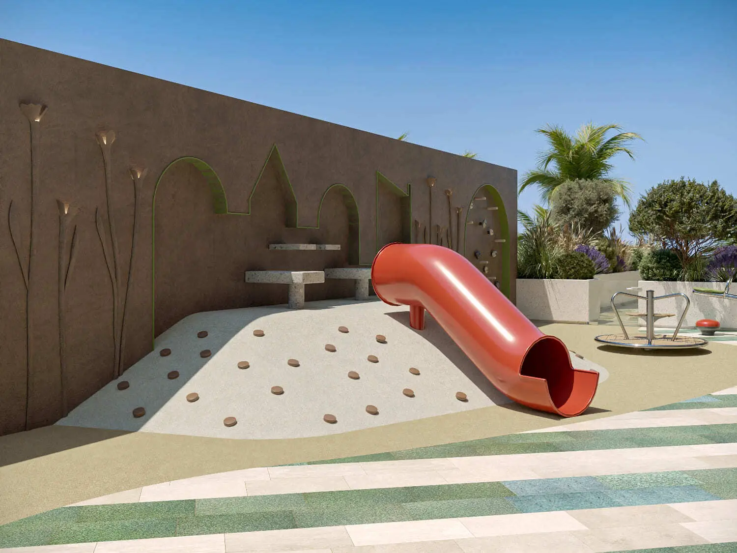 Outdoor children’s play area shown in the SEGREX "Olivia Gardens Residence" project catalogue, Jumeirah Garden City, Dubai