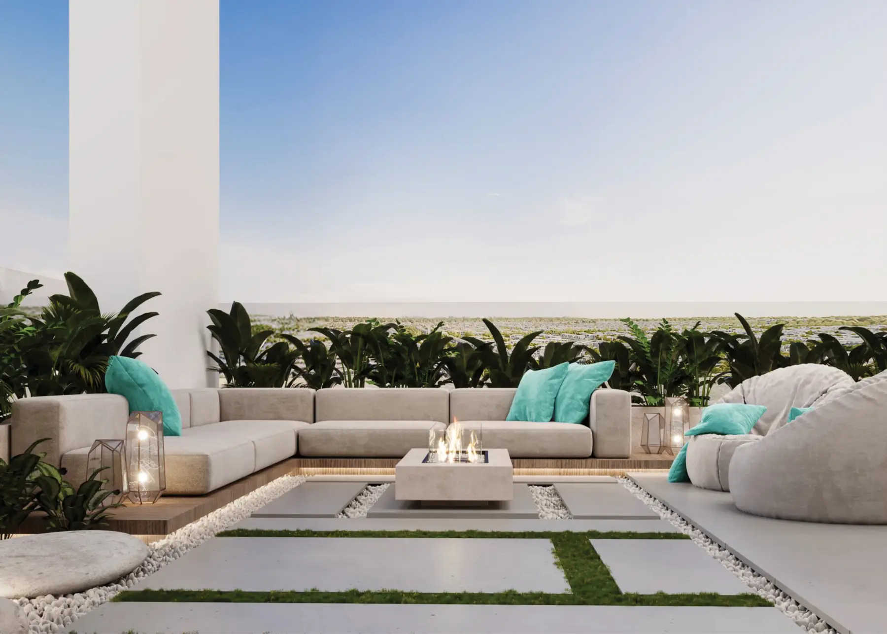 منطقة جلوس على السطح محاطة بالنباتات تظهر في كتالوج مشروع REEF LUXURY DEVELOPMENTS "REEF 999"، الفرجان، دبي