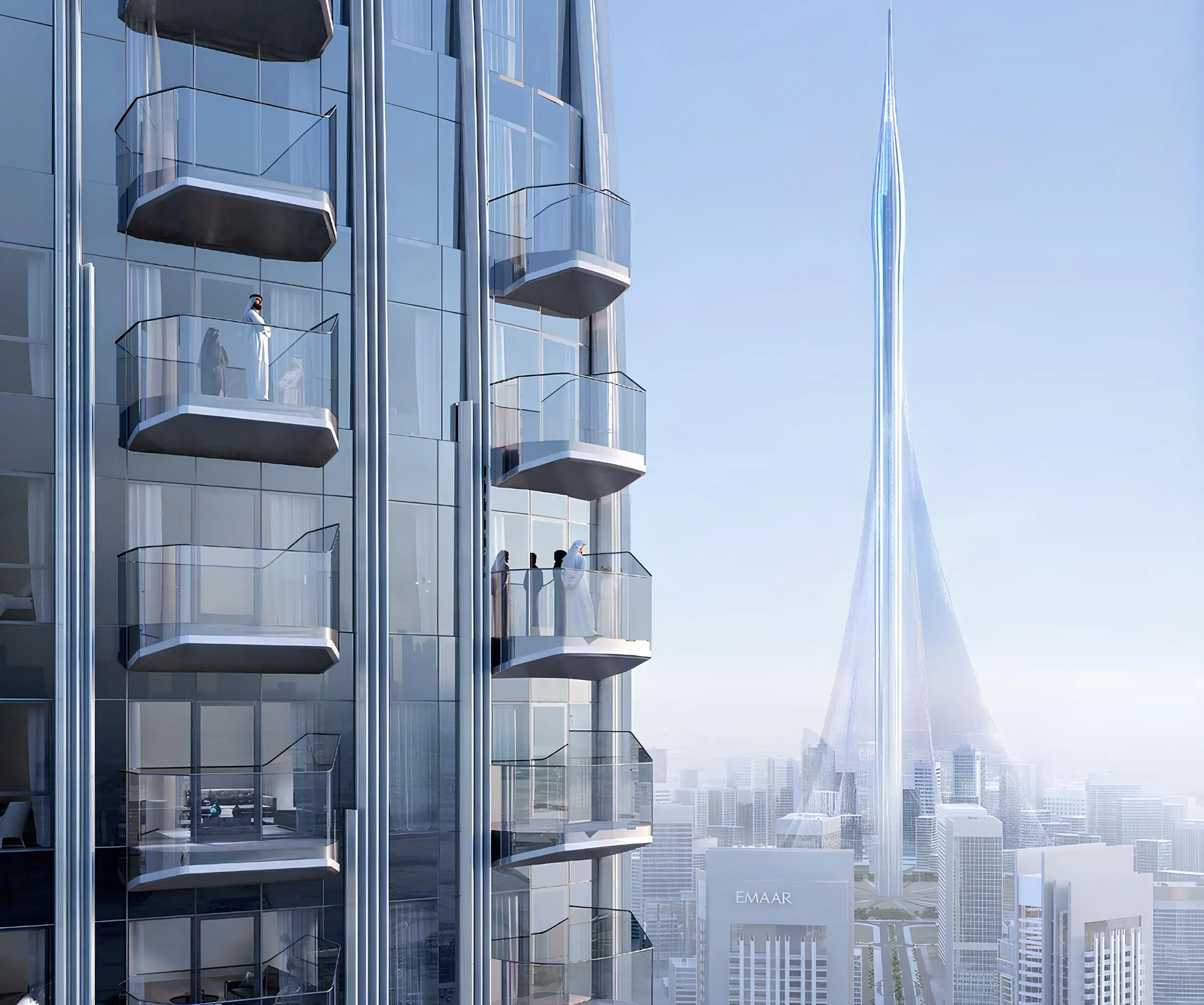 الشرفات الزجاجية وأفق المدينة الموضح في كتالوج إعمار "Address Harbour Point"، دبي