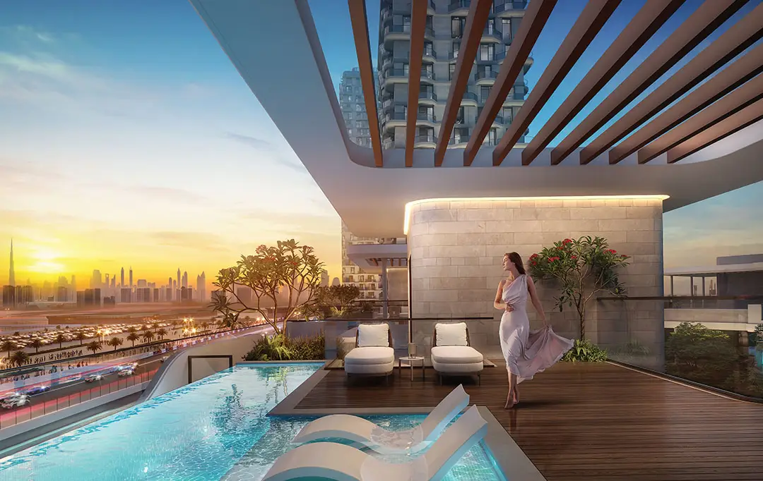 حمام السباحة الموضح في كتالوج مشروع UNION PROPERTIES "Takaya Kaia, Kalina, Melody"، دبي موتور سيتي، دبي