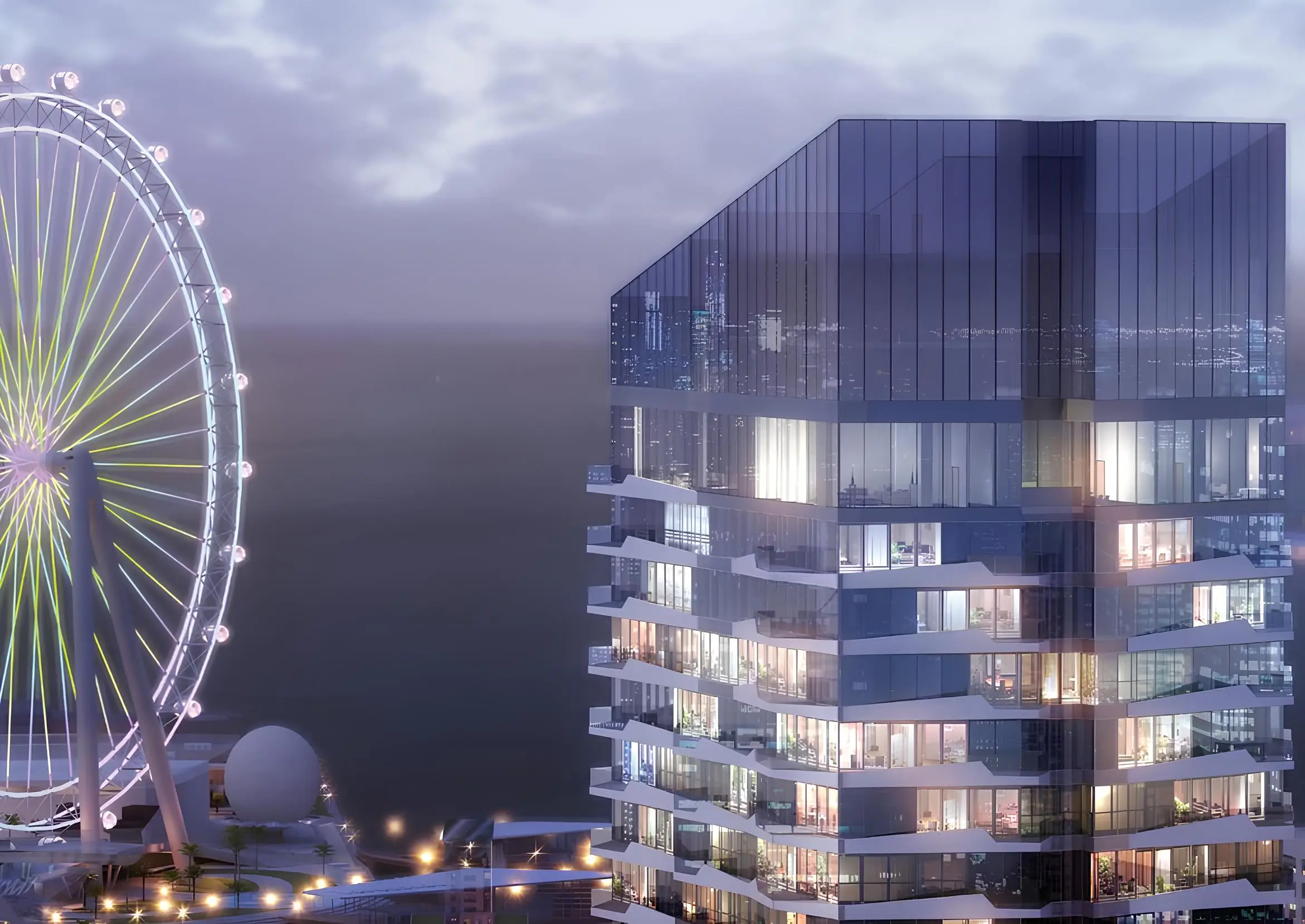 منظر توضيحي للبرج والواجهة البحرية معروض في كتالوج SCOPE INVESTMENT "Stella Maris Tower"، مرسى دبي، دبي