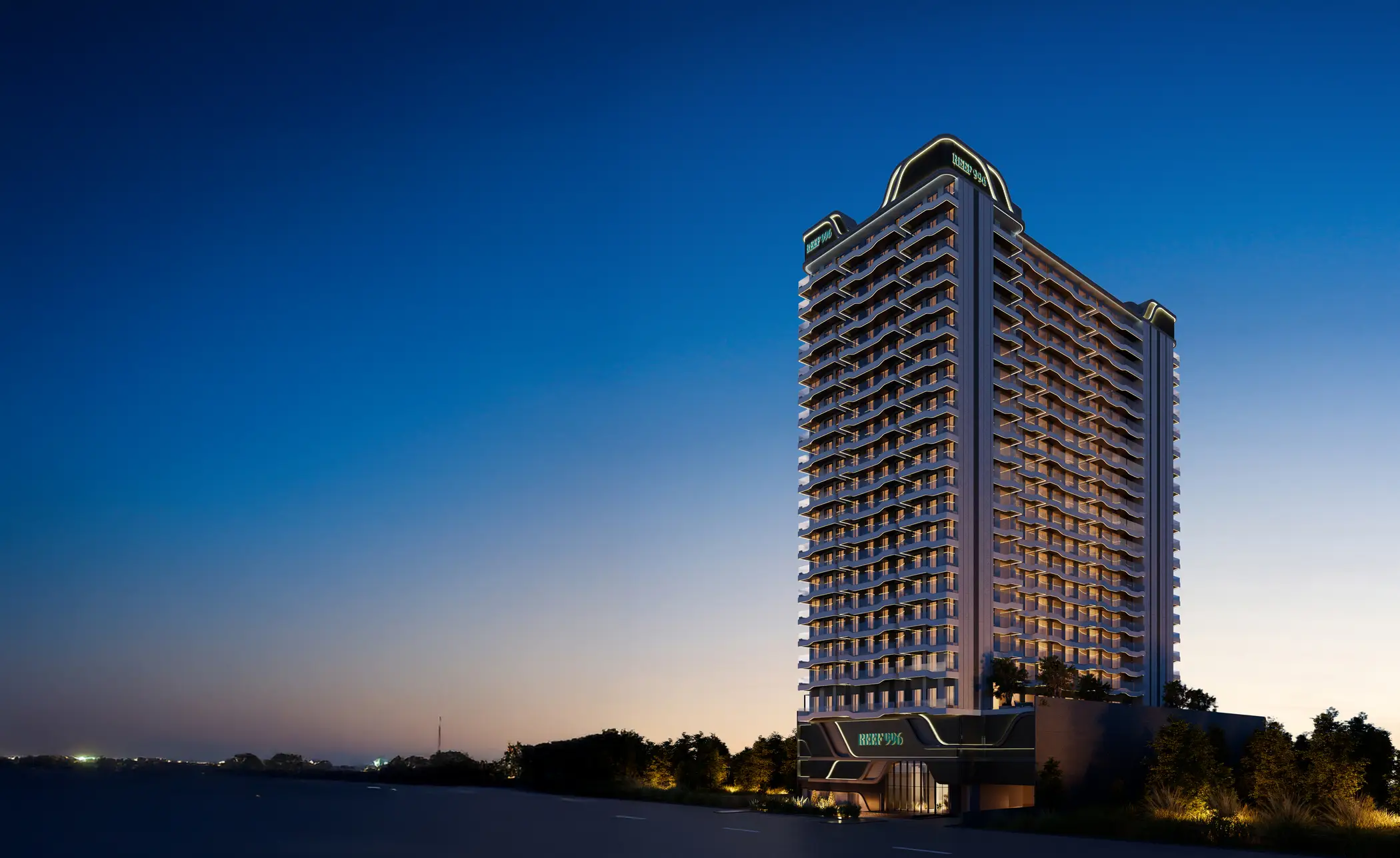 Residential tower with illuminated balconies in the REEF 996 project render