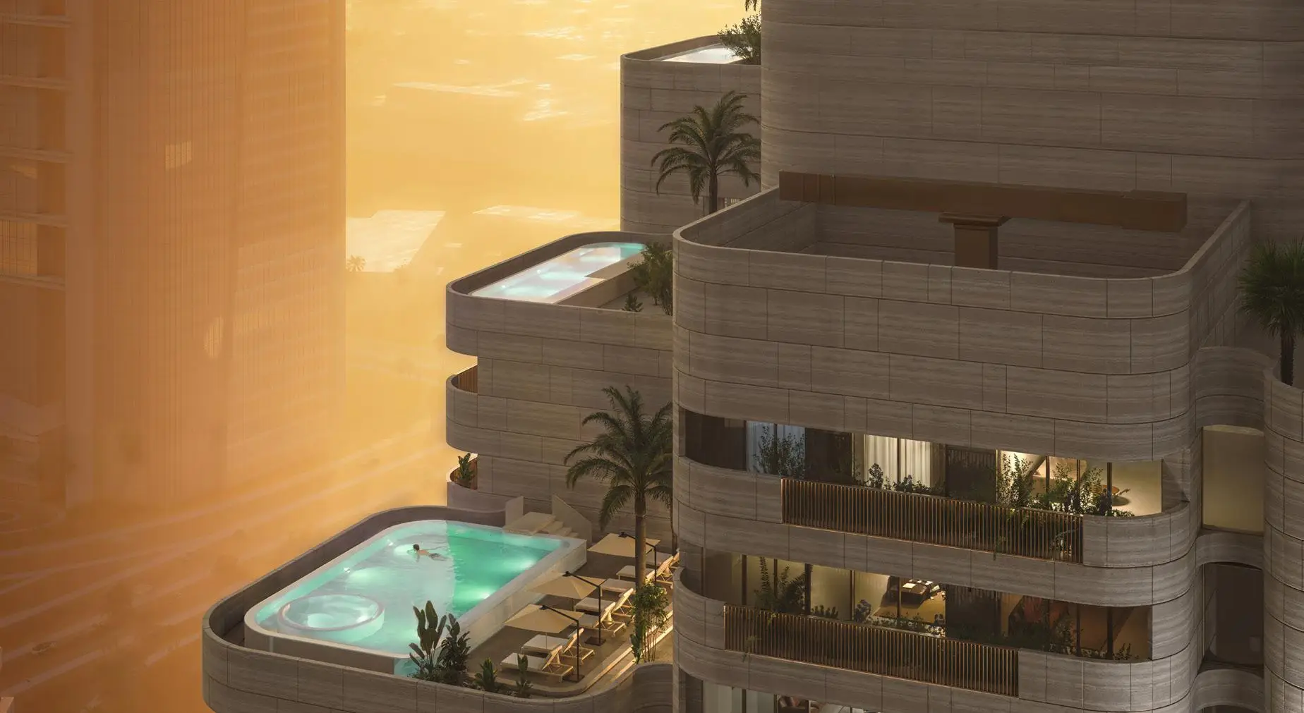 Curved balconies and a shared pool terrace in the Nine Collective project render
