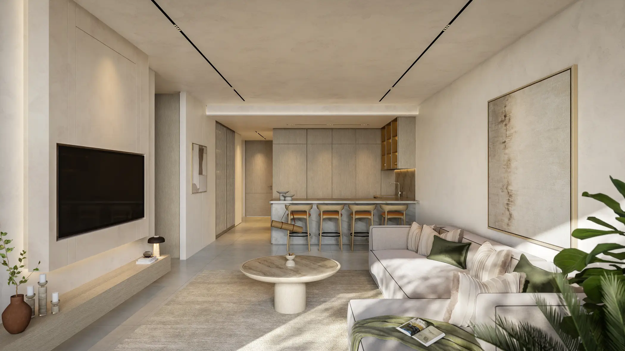 مطبخ ومساحتا طعام ومعيشة من كتالوج Avida Residences لدى DEVMARK، جزر دبي