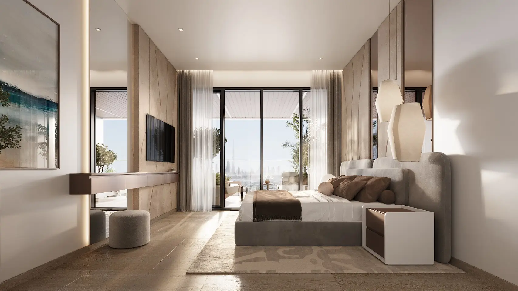 Living area with sofa and large windows shown in the HRE DEVELOPMENT "Sky Hills ASTRA" project catalogue, Dubai Science Park, Dubai