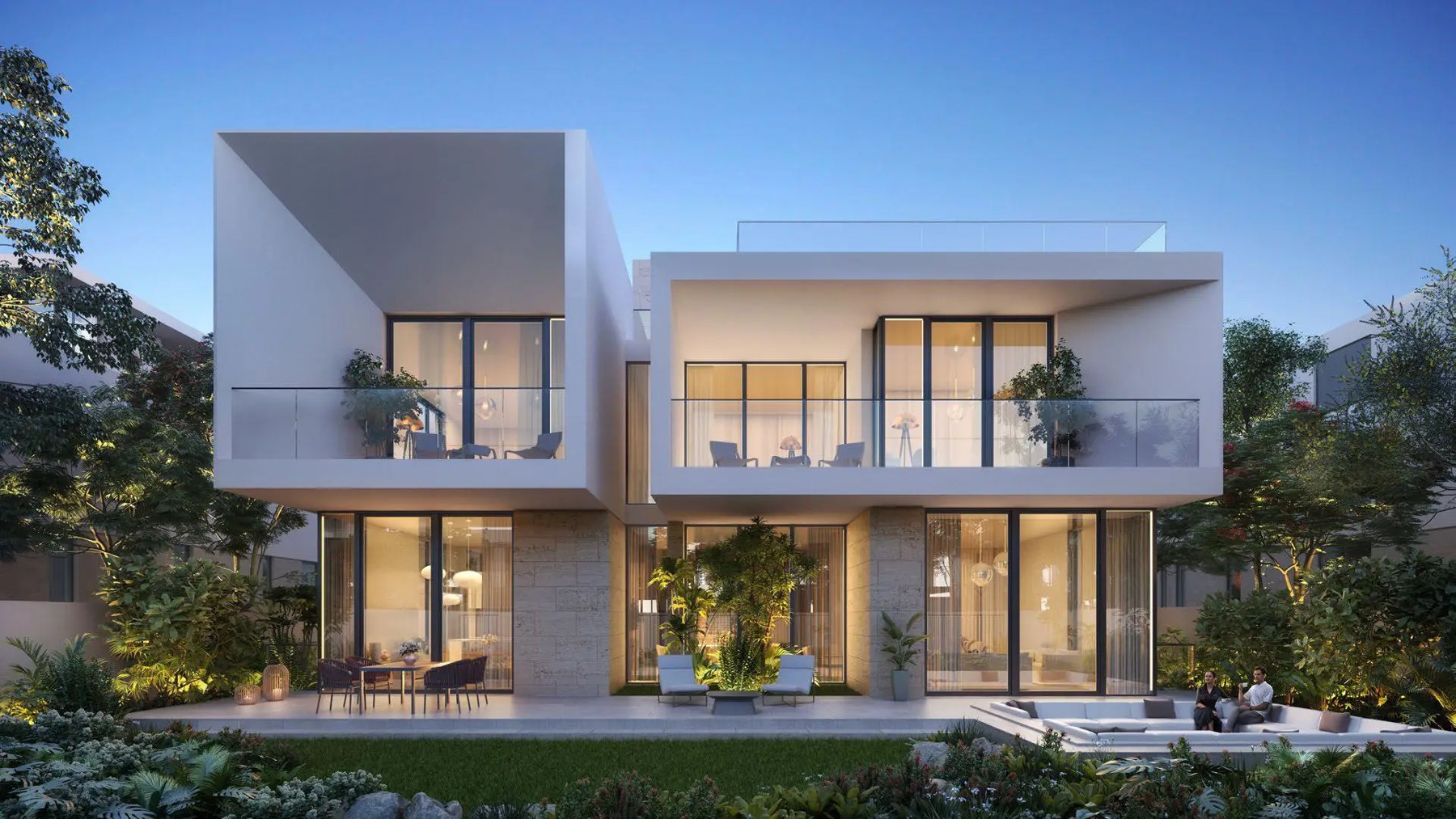 Two-storey villa exterior and garden in an Address Villas Hillcrest project rendering