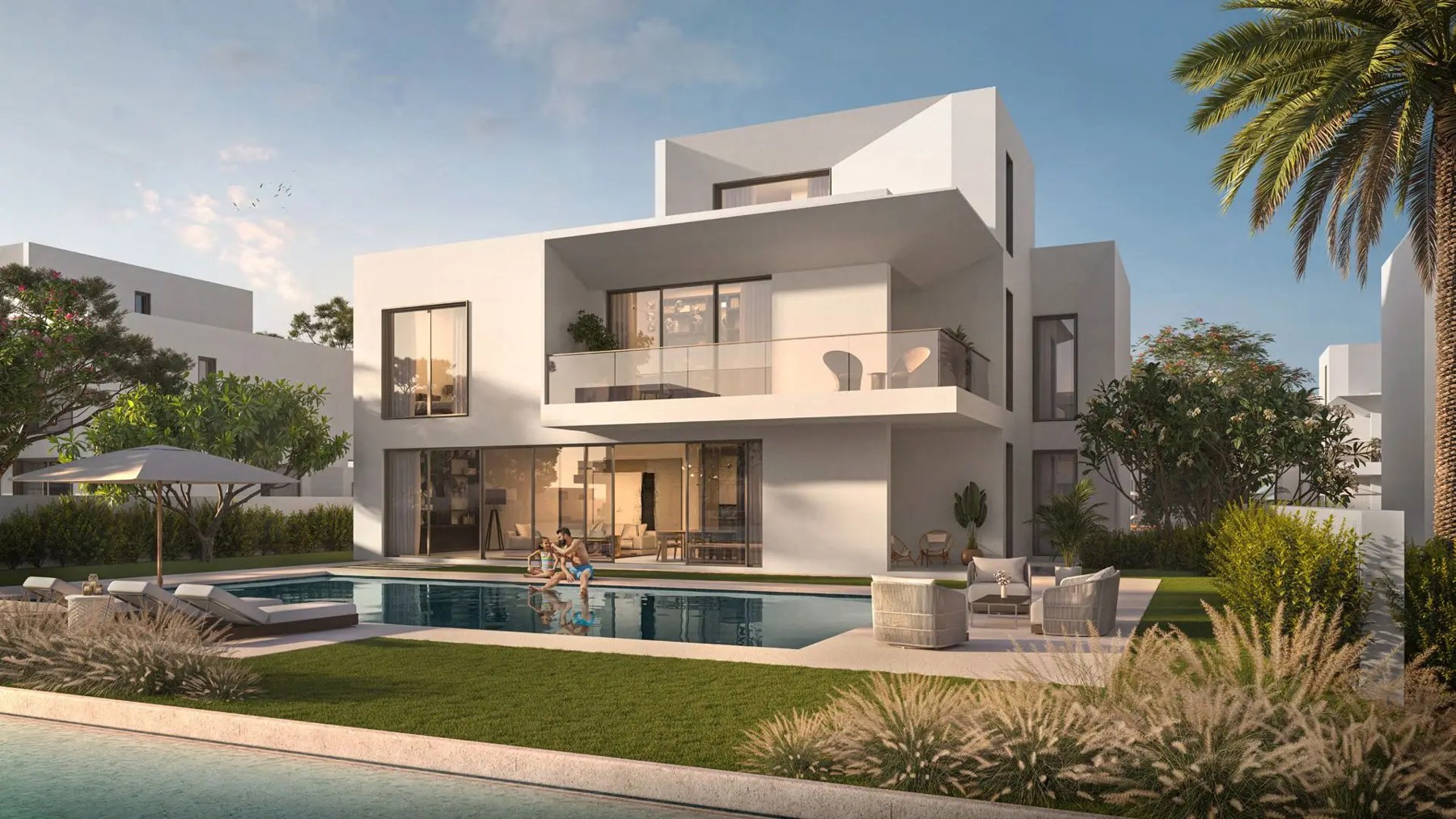 Palmiera The Oasis villa rendering showing multiple levels and outdoor landscaping