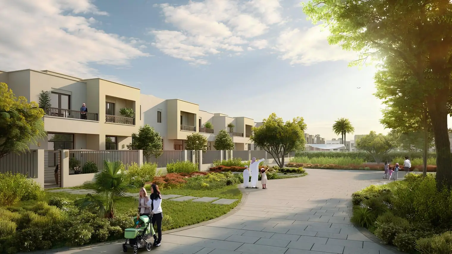 Homes beside a landscaped pedestrian path shown in the NSHAMA "Noor Townhouses" catalogue, Town Square, Dubai