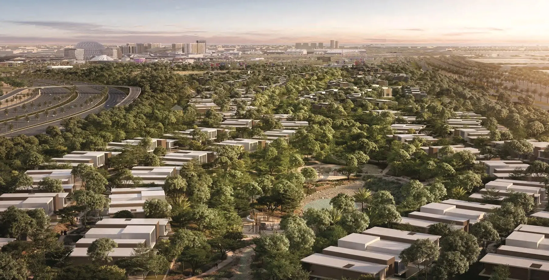 Aerial masterplan illustration of low-rise homes and landscaping shown in the EXPO CITY "Expo Valley" catalogue, Dubai