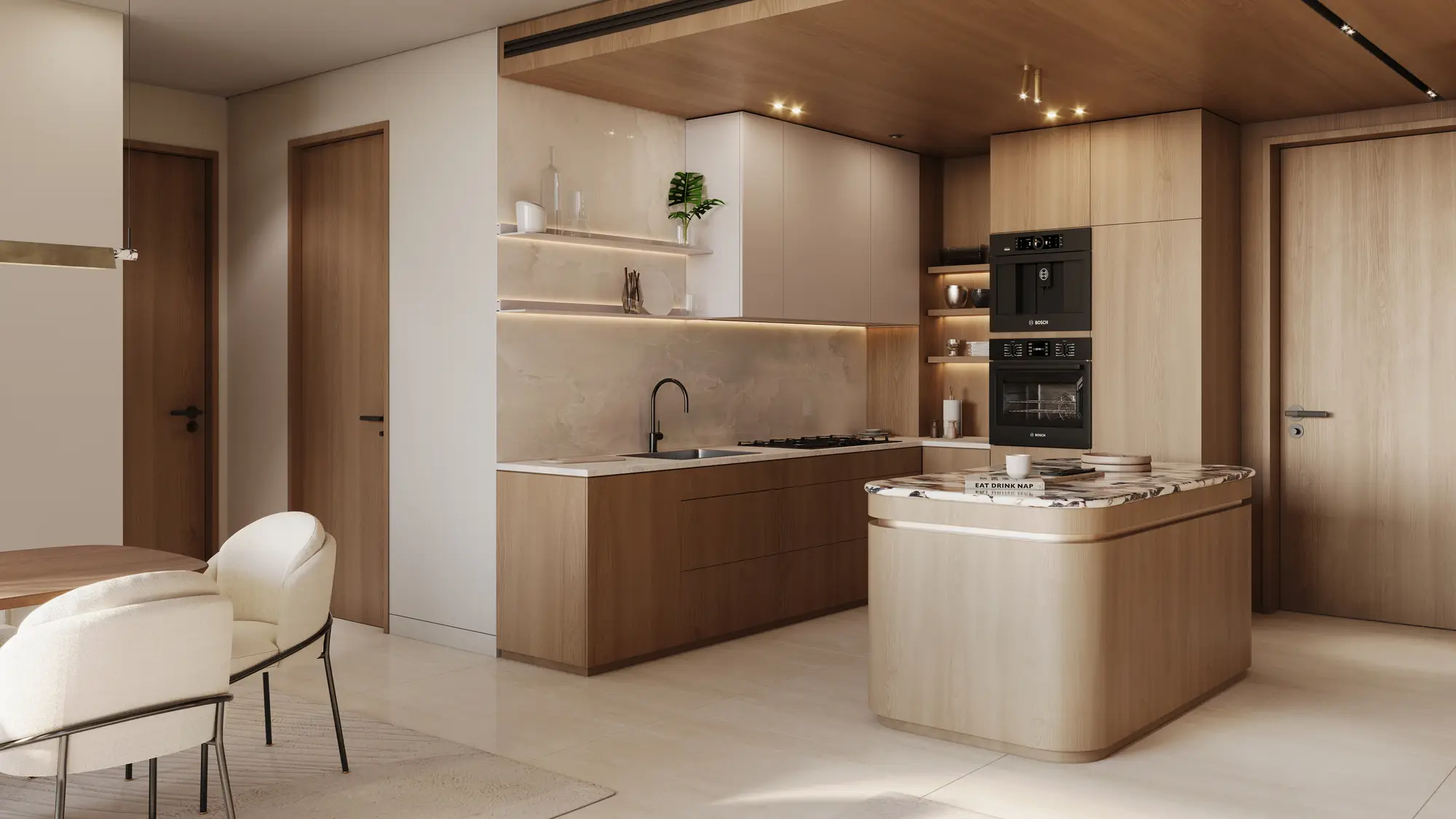 Open kitchen and dining area shown in the MAAIA DEVELOPERS "La Vue by MAAIA" project catalogue, Meydan (Nad Al Sheba 1), Dubai