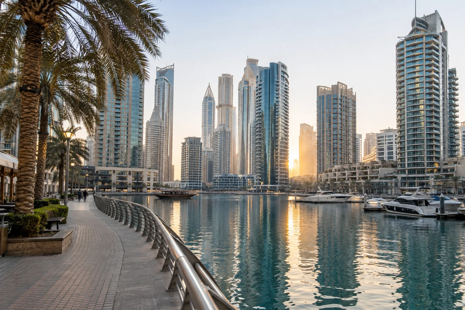 شقق على الواجهة المائية وممشى تصطف على جانبيه أشجار النخيل