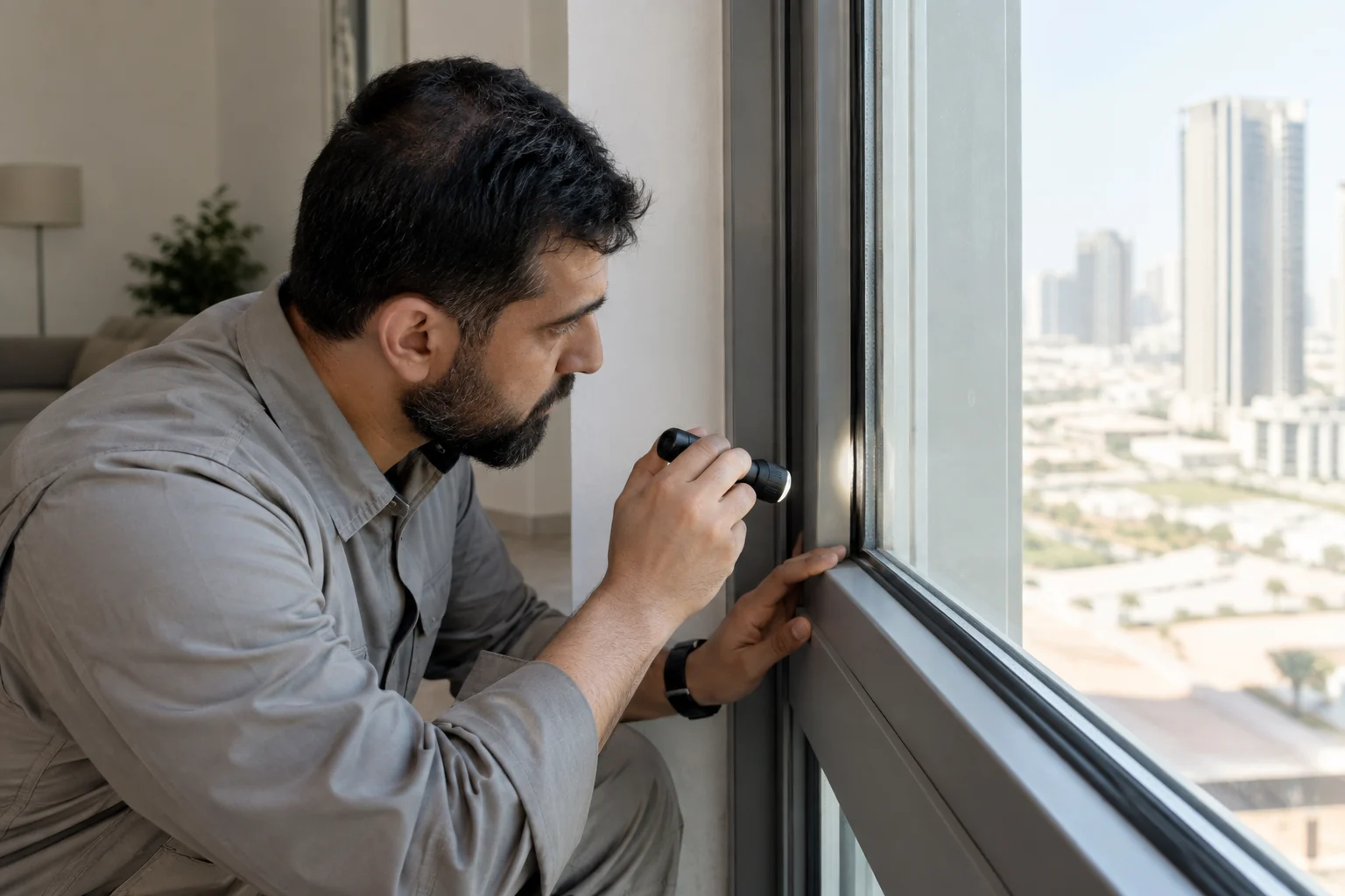 Bir apartmanın penceresini kontrol eden bir müfettiş