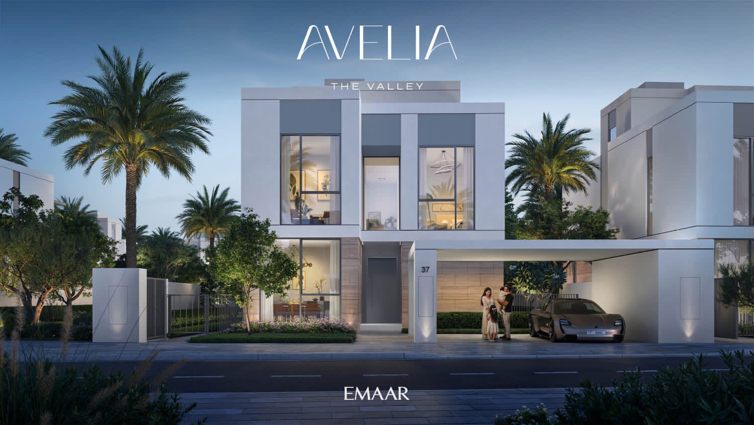 Avelia front-facade render showing tall windows, an entrance and covered vehicle parking