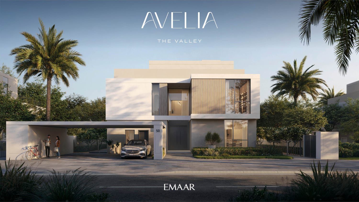 Wide Avelia architectural elevation with a two-level home, landscaped frontage and parking