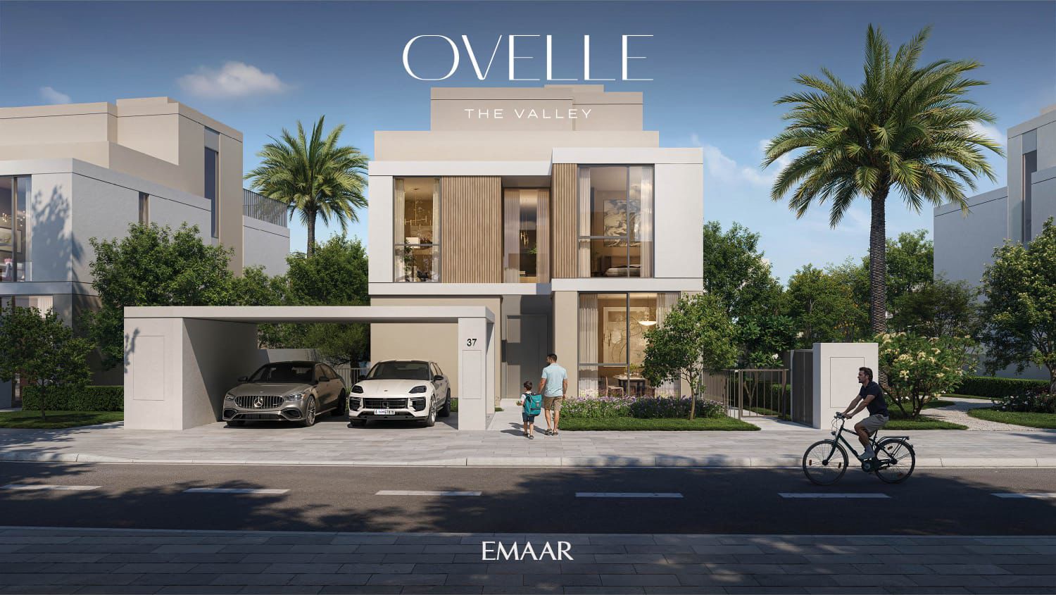 Ovelle villa architectural render with covered parking, a family and a cyclist