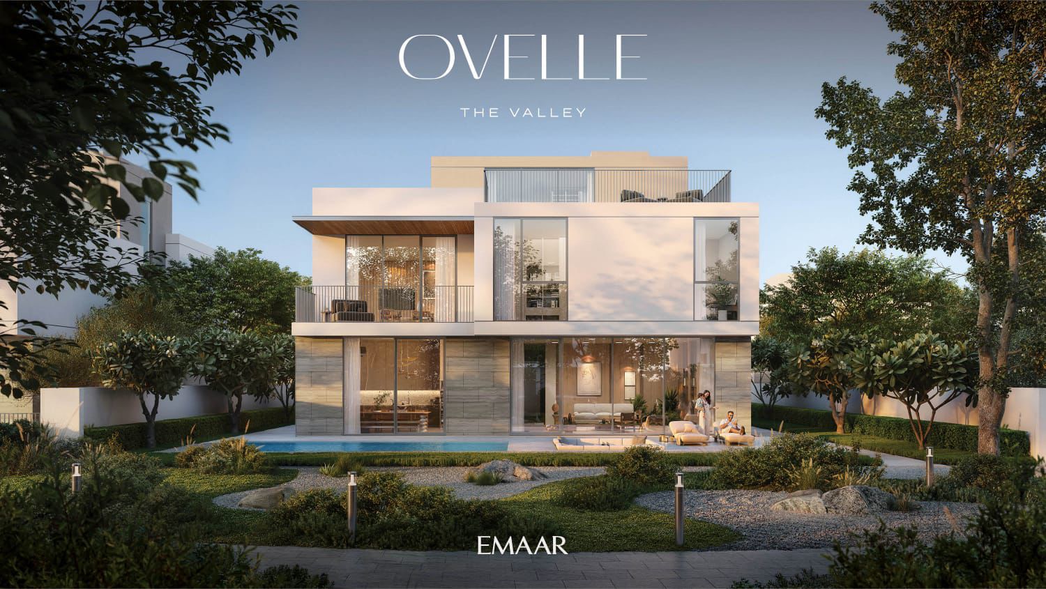 Ovelle rear-elevation render with a garden, pool, terrace and upper-level balconies