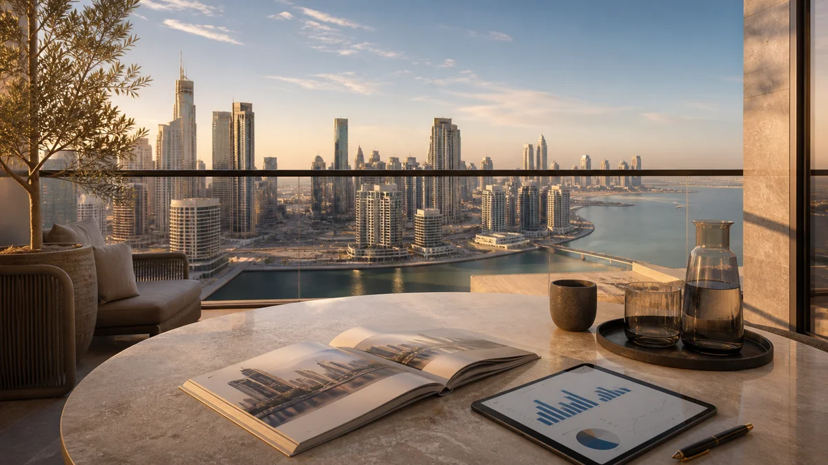 Illustration of Dubai property planning materials beside a skyline view