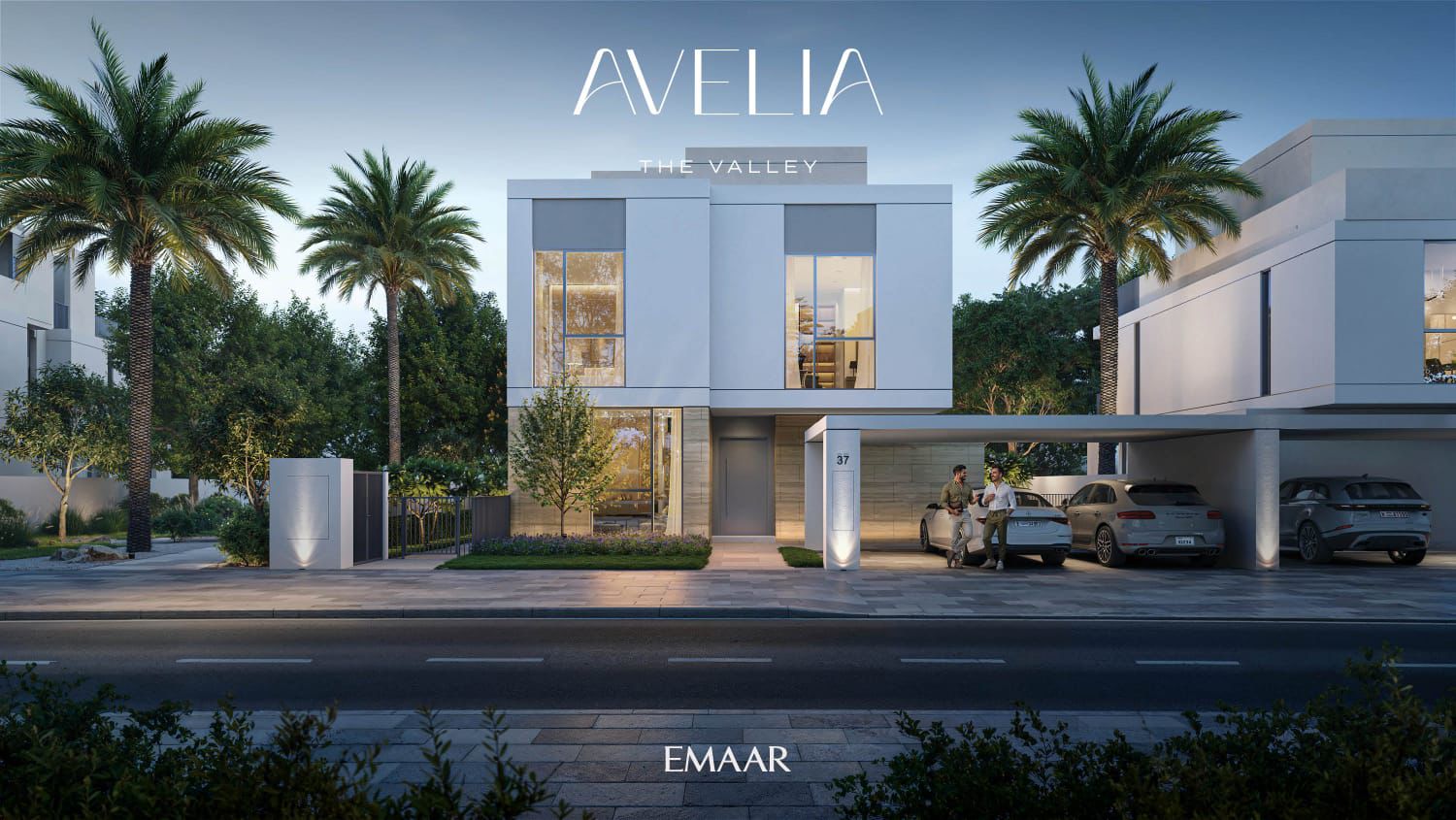 Avelia at The Valley by Emaar: architectural street-elevation render with covered parking and palms